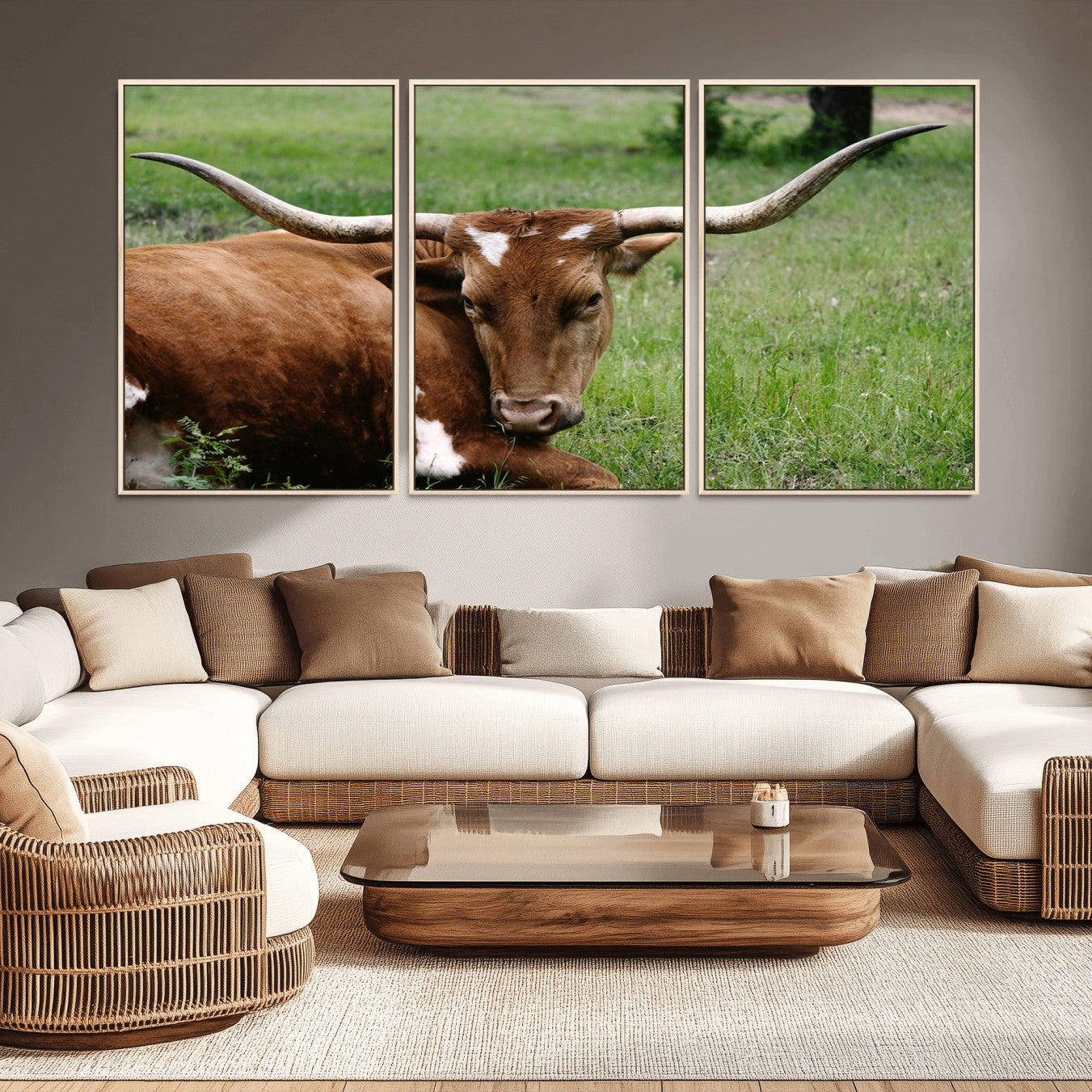 -Longhorn Steer Canvas Wall Art – Rustic Nature Triptych Decor for Living Room or Office – Ready to