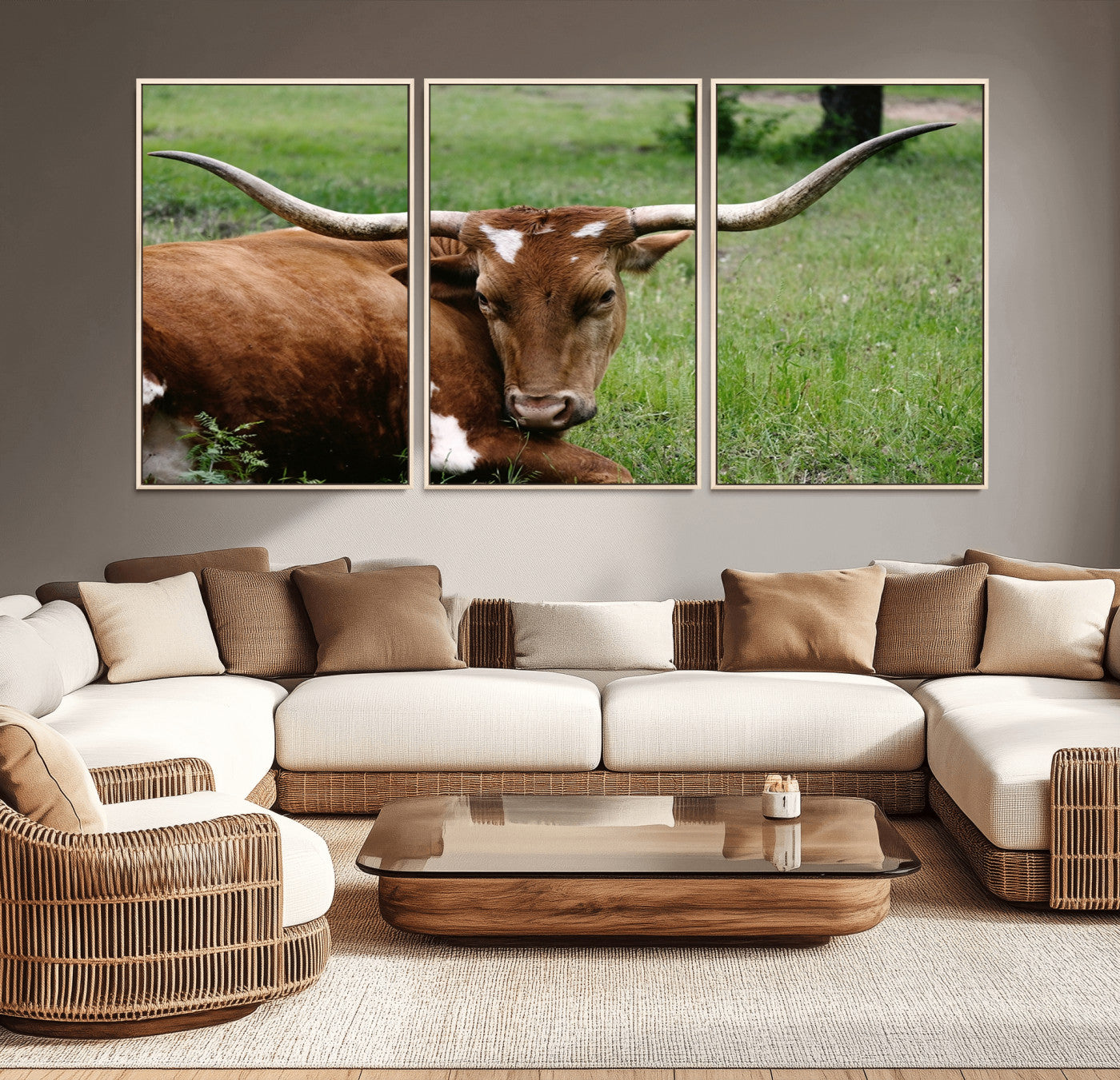 -Longhorn Steer Canvas Wall Art – Rustic Nature Triptych Decor for Living Room or Office – Ready to