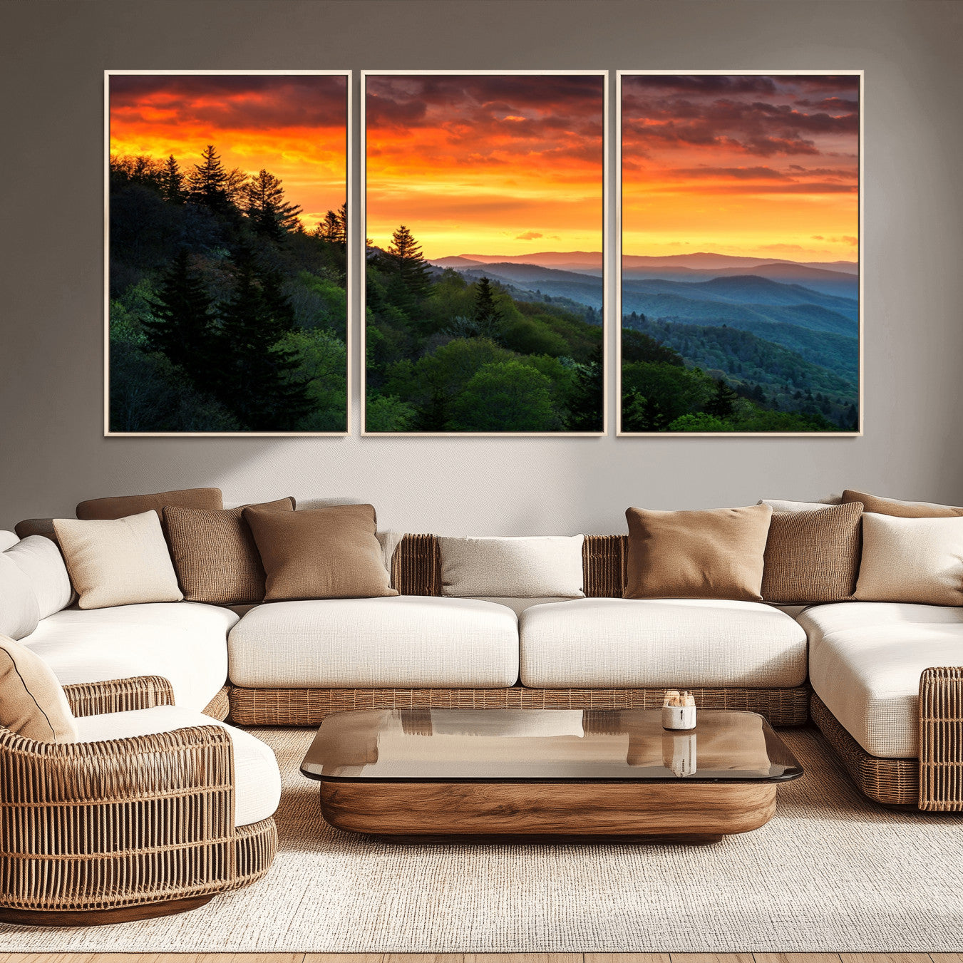-Great Smoky Mountains Sunset Wall Art Canvas Print | 3 Panel Large Nature Landscape Photography for