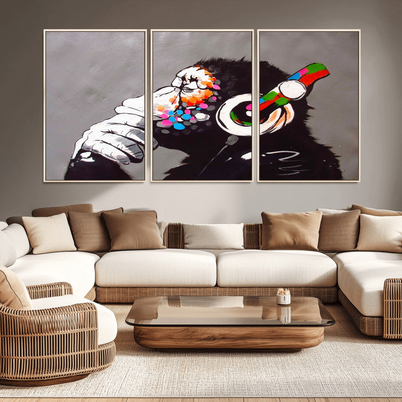 56887-MGV-CV-36X24-Dj Monkey Listening to Music Wall Art Print | Banksy Monkey Large Canvas Print for Living Room,