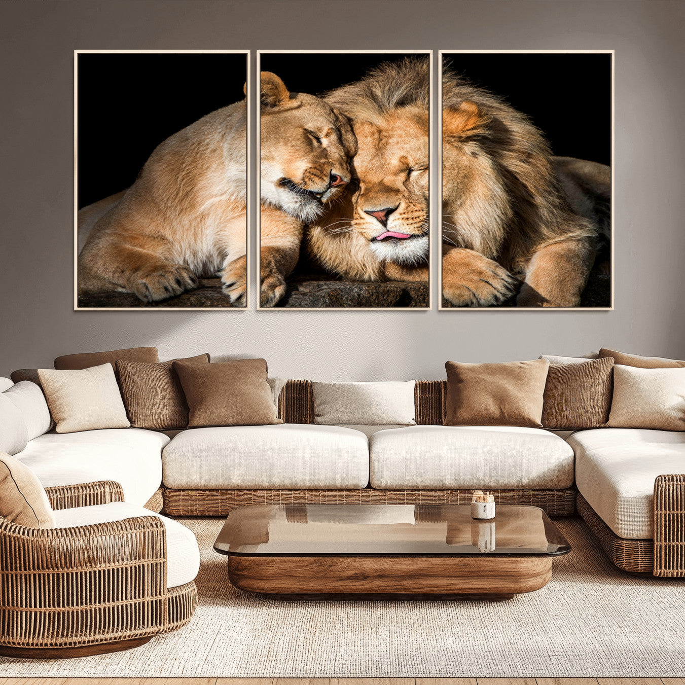 -Lion and Lioness Wall Art Print Canvas | 3-Panel African Wildlife Canvas Print | Animal-Themed Art