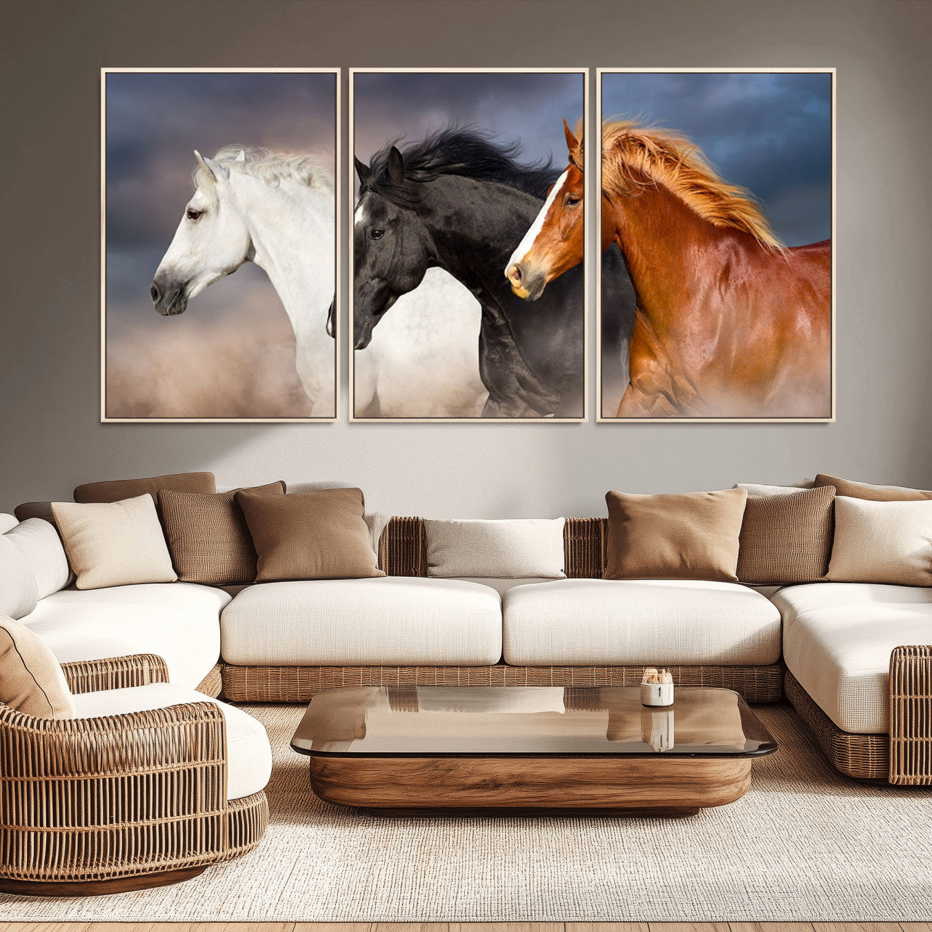 -Animal Wall Art Three Horses Farmhouse Art Canvas, Framed Three Horses Canvas Print