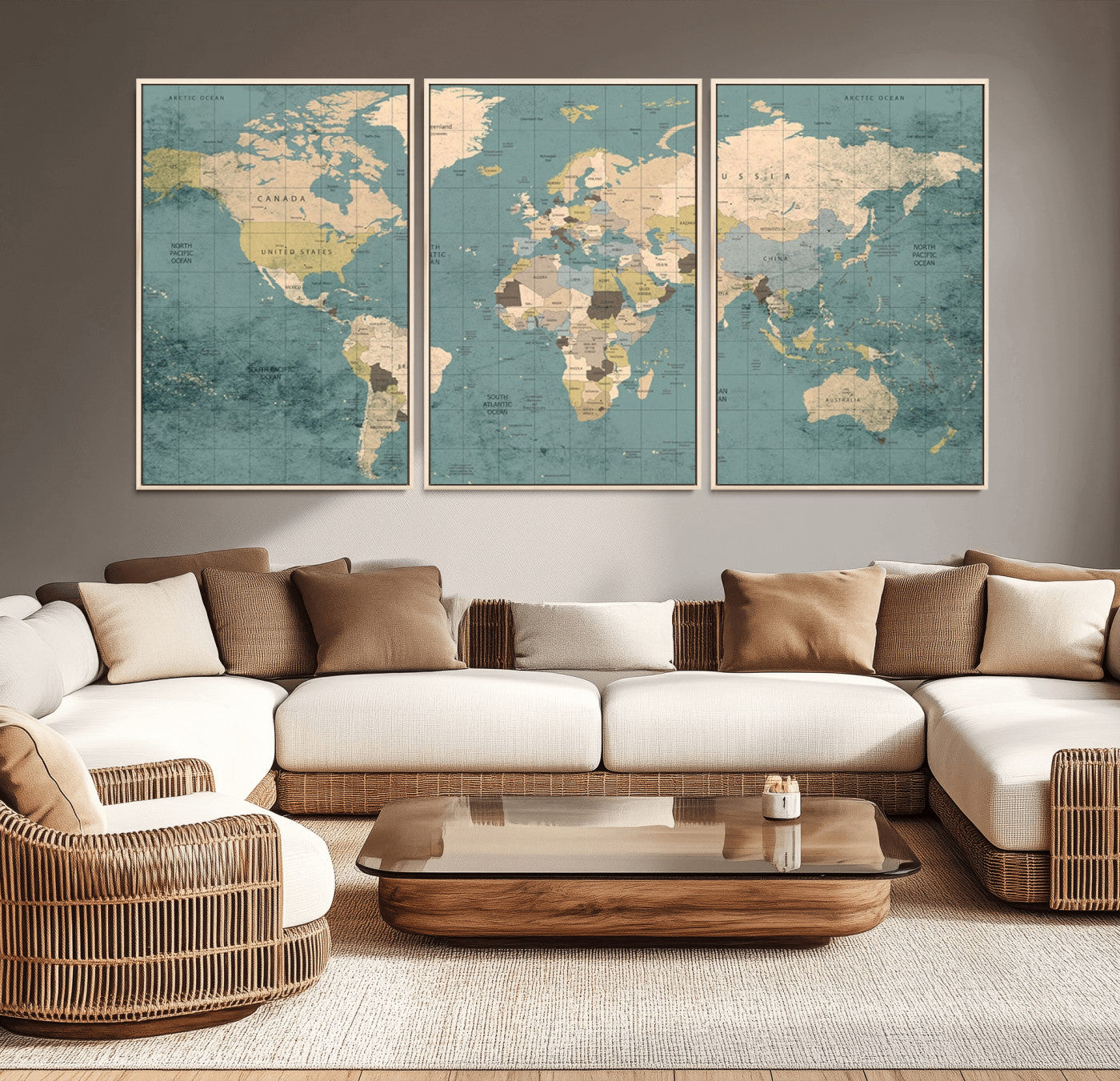 54872-MGV-CV-36X24-Classic World Map Canvas Print – Framed Vintage Map Wall Art, Retro Atlas Design for Rustic Explorer or Study Room Decor