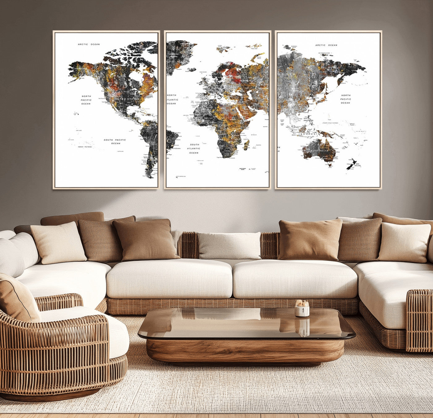 -Modern Metallic World Map Canvas Wall Art – Framed Contemporary World Map Print, Stylish Travel Inspired Decor for Home and Office Walls