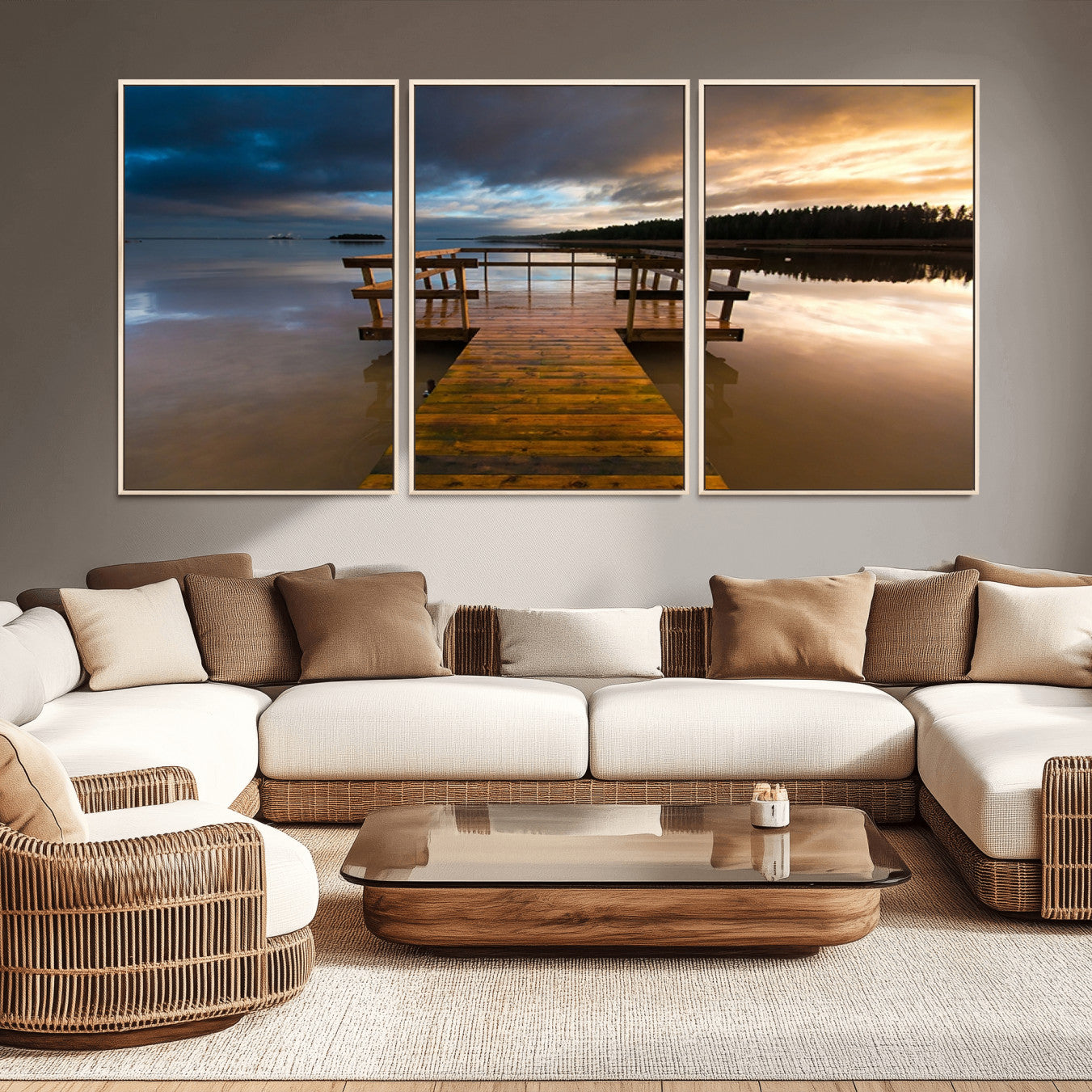 -Serene Lake Pier at Sunset Canvas Print | Landscape Canvas Print | Ready to Hang and Framed Wall Art