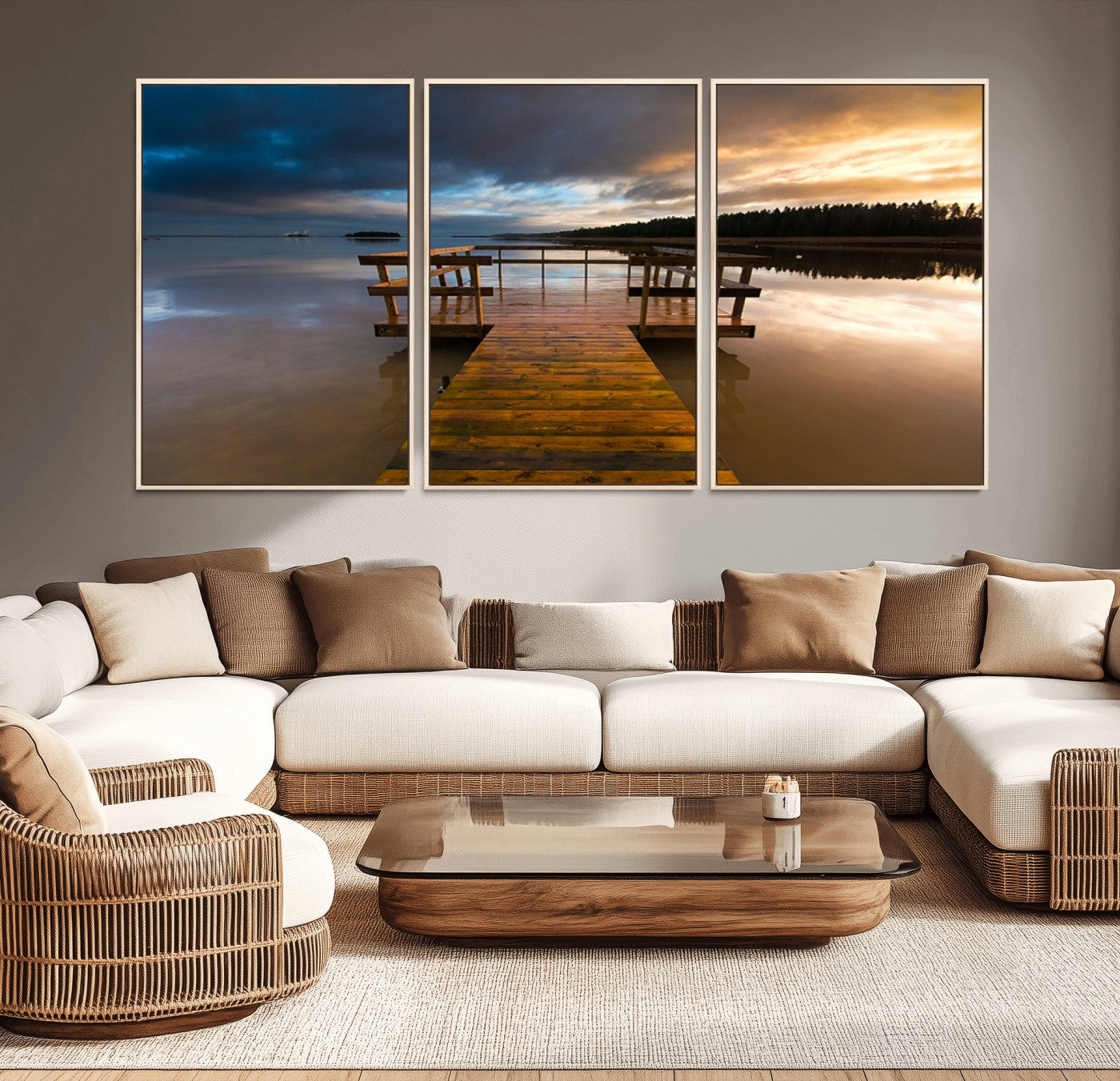 -Serene Lake Pier at Sunset Canvas Print | Landscape Canvas Print | Ready to Hang and Framed Wall Art