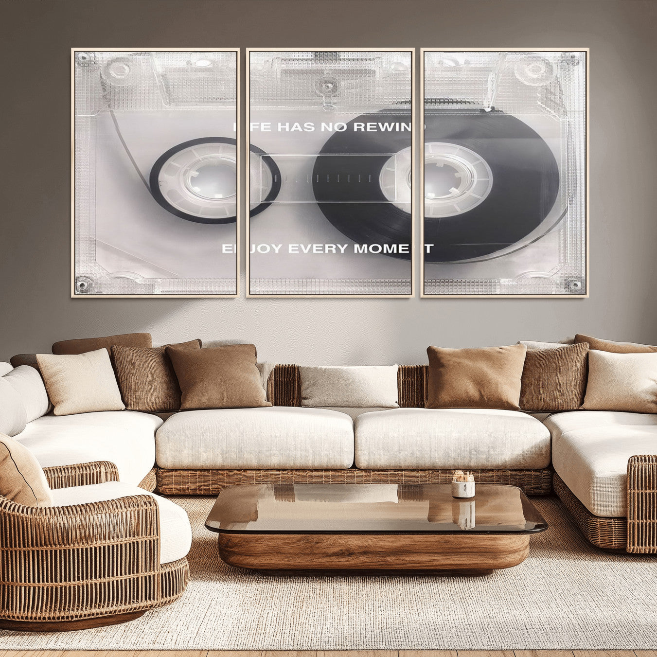 -Vintage Cassette Tape Canvas Wall Art - Inspirational 'Life Has No Rewind' Quote, Retro Music Decor