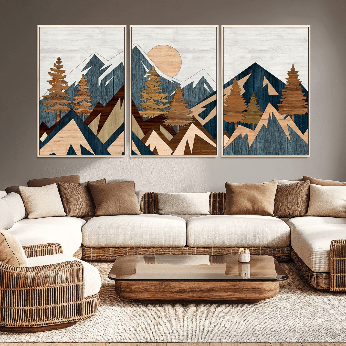 91467-MGV-CV-36X24-Abstract Wood Panel Effect Mountain Range Top Wall Art Canvas Print