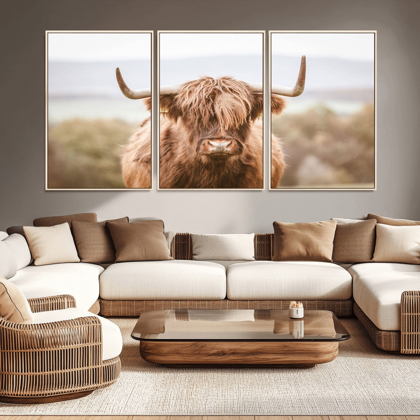 -Scottish Serene Highland Cow Canvas Wall Art – Serene Highland Cow in Natural Pastel Tones – Ready