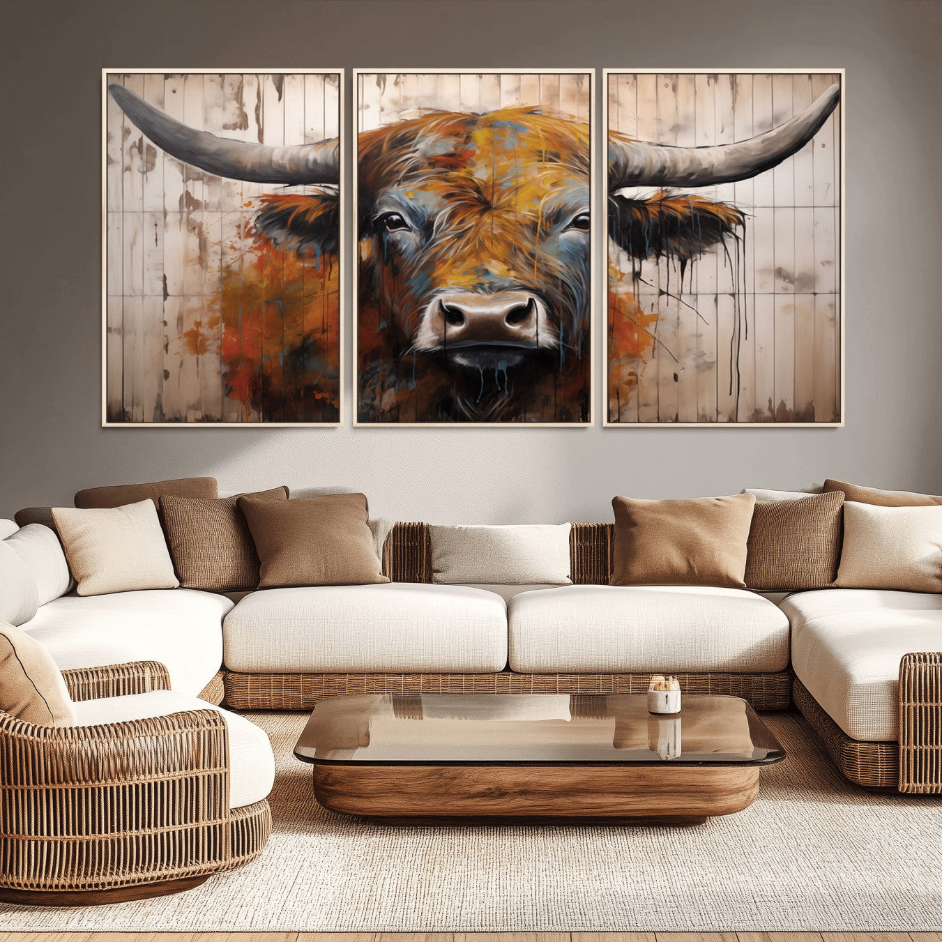47284-MGV-CV-36X24-Abstract Bull Highland Cow Canvas Wall Art Print – Vibrant Rustic Charm in Modern Farmhouse Decor –