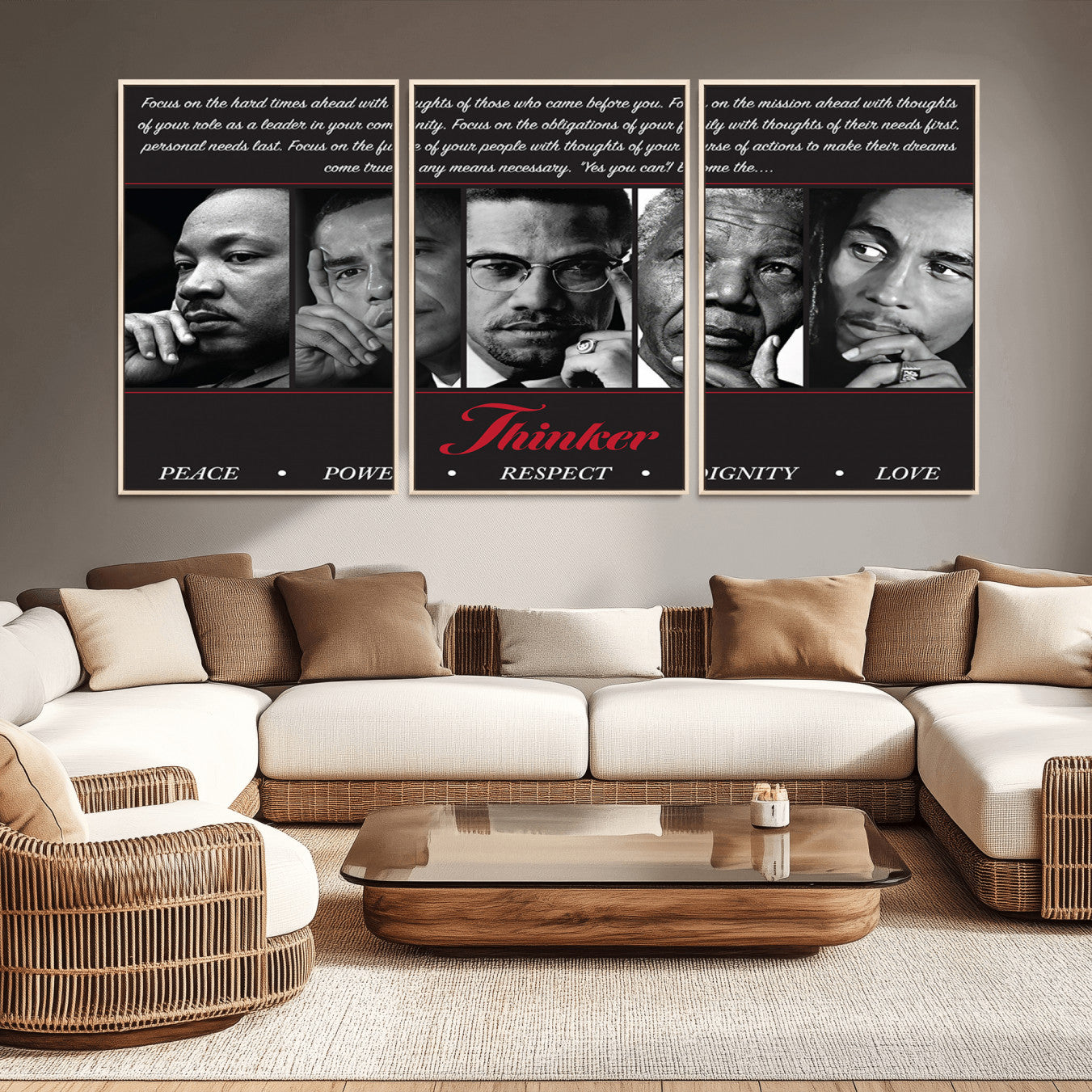 -Thinker Quintet Canvas Wall Art – Martin, Obama, Malcolm X, Mandela, Marley Featuring Peace, Power,