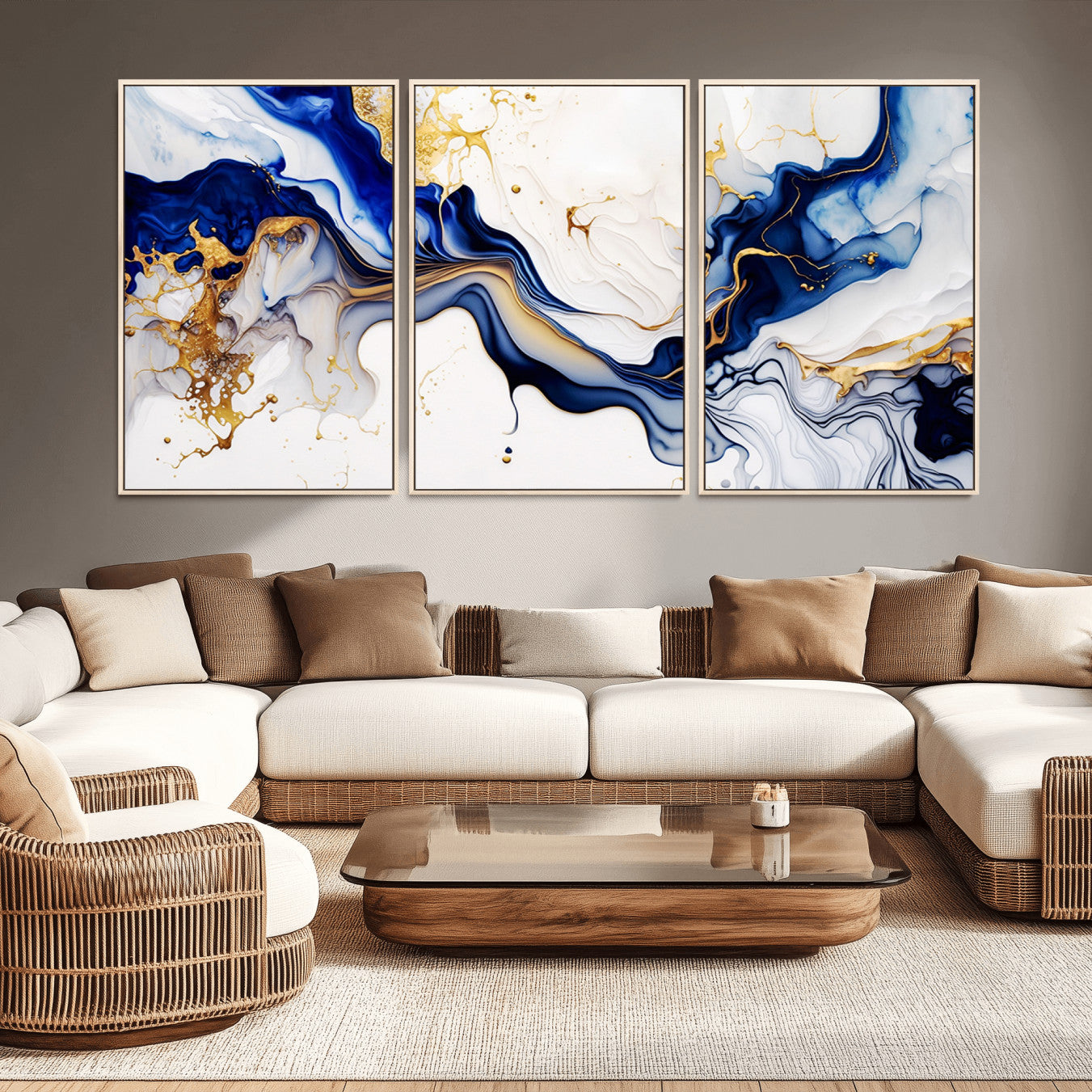 93392-MGV-CV-36X24-Golden Cascades on Midnight Blue – Deep Blue Abstract Wall Art Flowing Elegance | Wall Art Canvas,