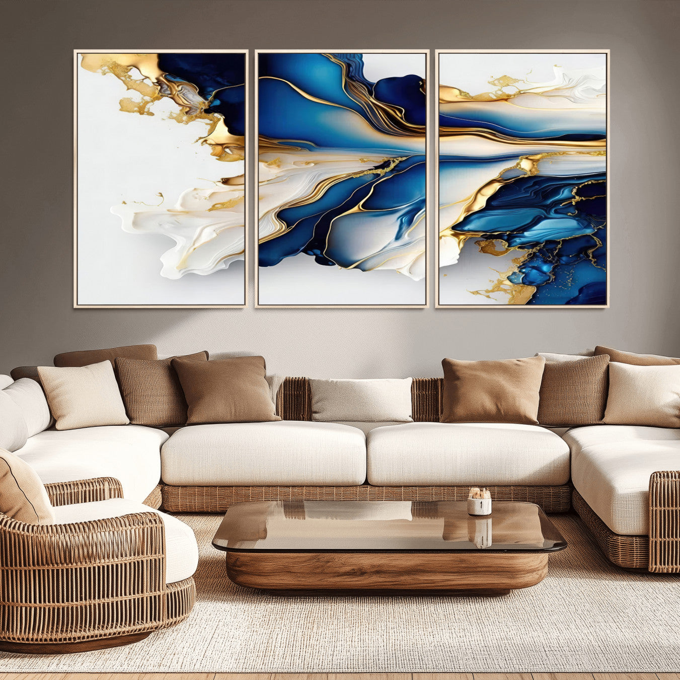 65693-MGV-CV-36X24-Gold Marble Art - Abstract Geode Gold And Blue Marble Shape 3 Pieces Wall Art Canvas Print