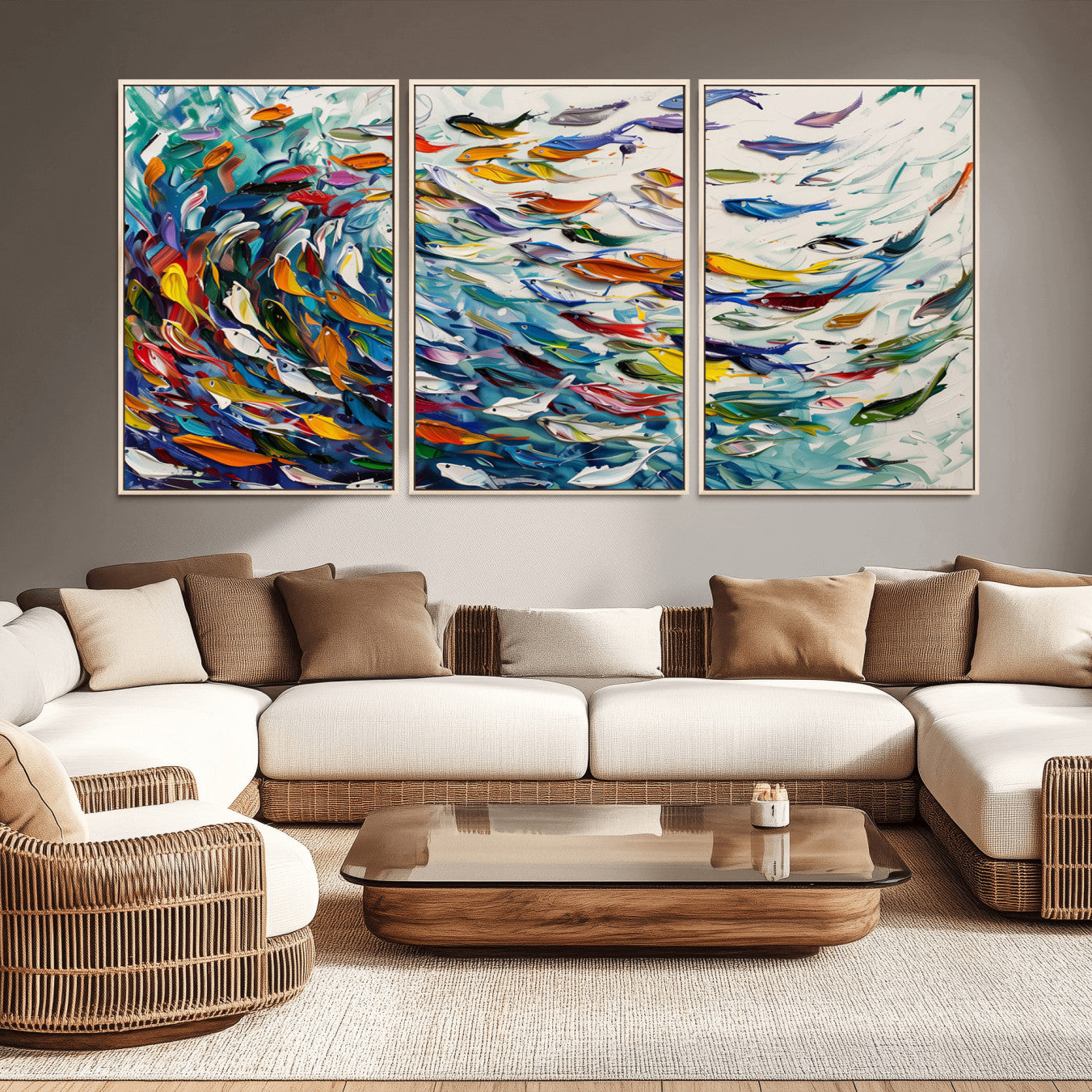 -Modern Abstract Fish Shoal Wall Art Canvas Print, Colorful Fish Herd Painting on Canvas Print, Ocean