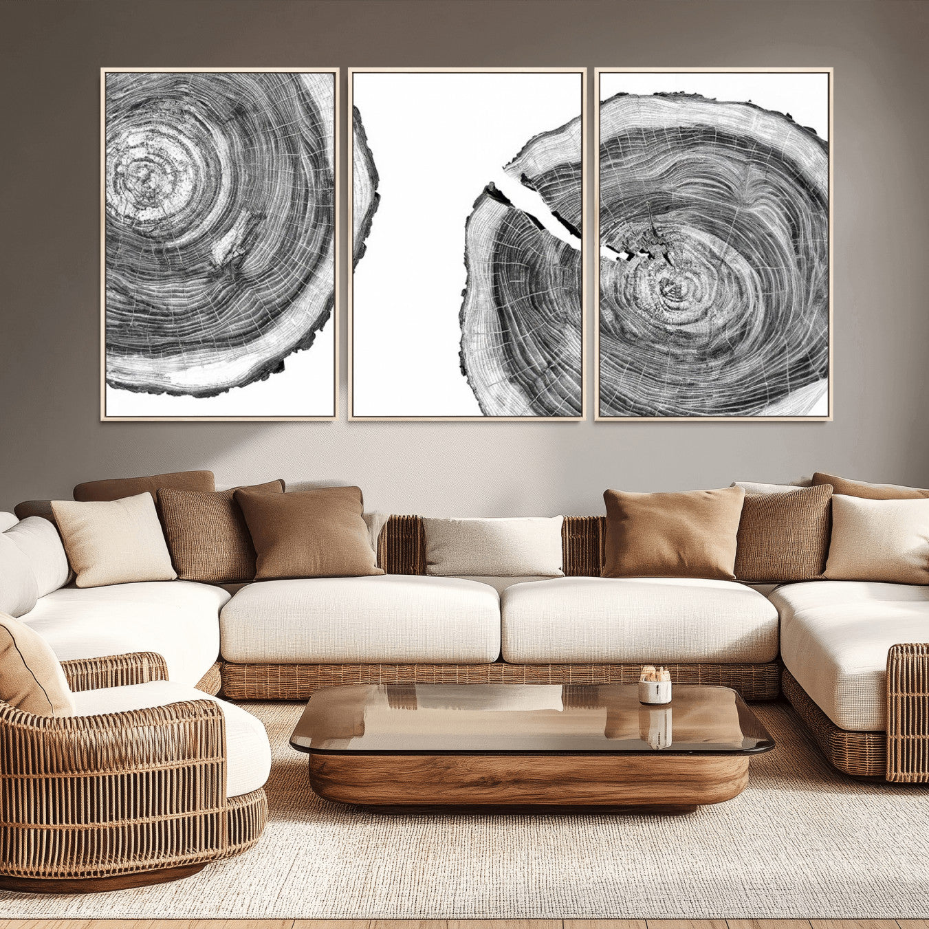 23016-MGV-CV-36X24-Modern Black and White Tree Rings Canvas Wall Art – Nature Inspired Wood Slice Print – Minimalist