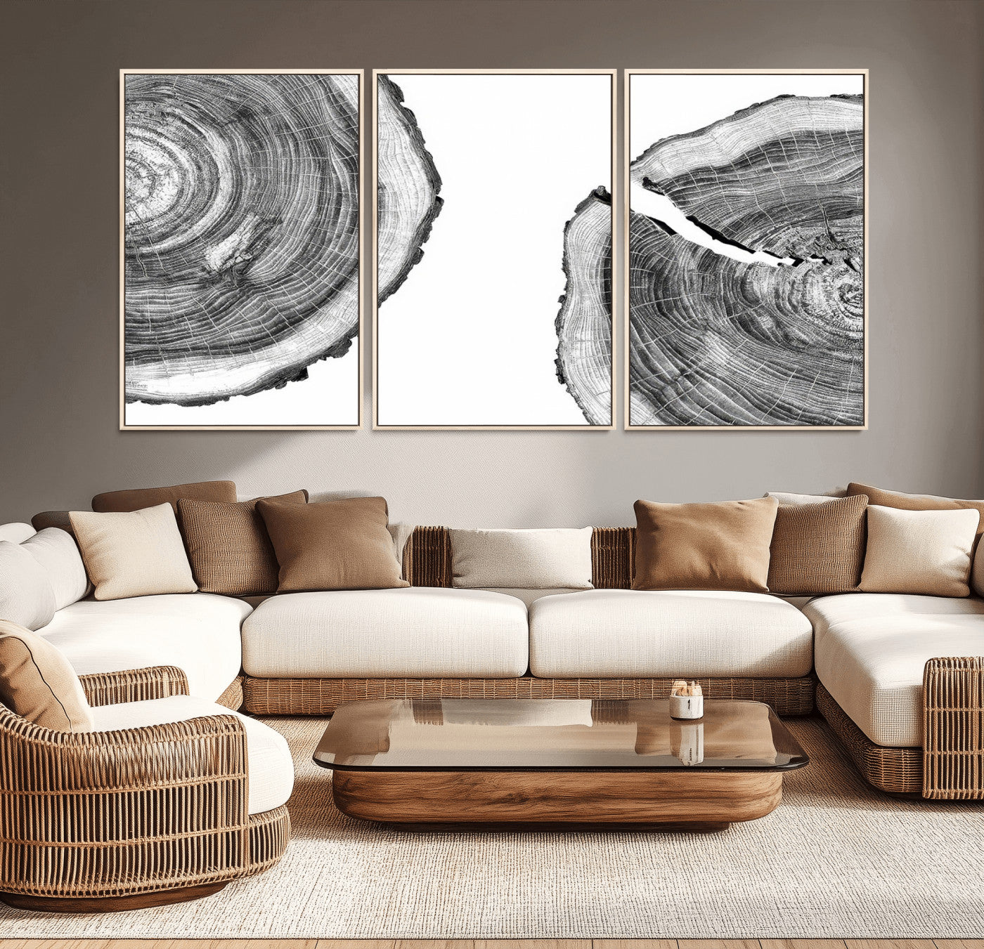 52770-MGV-CV-36X24-Abstract Large Tree Rings – Minimalist Black and White Wood Art | Triptych Canvas, Modern Wall Decor