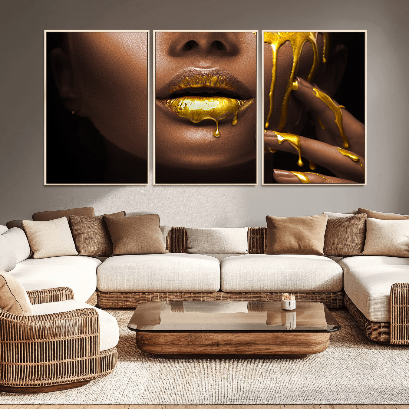 35346-MGV-FC-60X30-3P_Natural-African American Art Black Woman Canvas Print, African Wall Art, Fashion African Woman Gold Lips