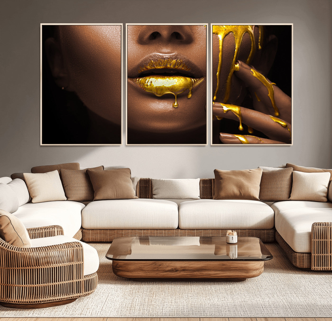 35346-MGV-FC-60X30-3P_Natural-African American Art Black Woman Canvas Print, African Wall Art, Fashion African Woman Gold Lips