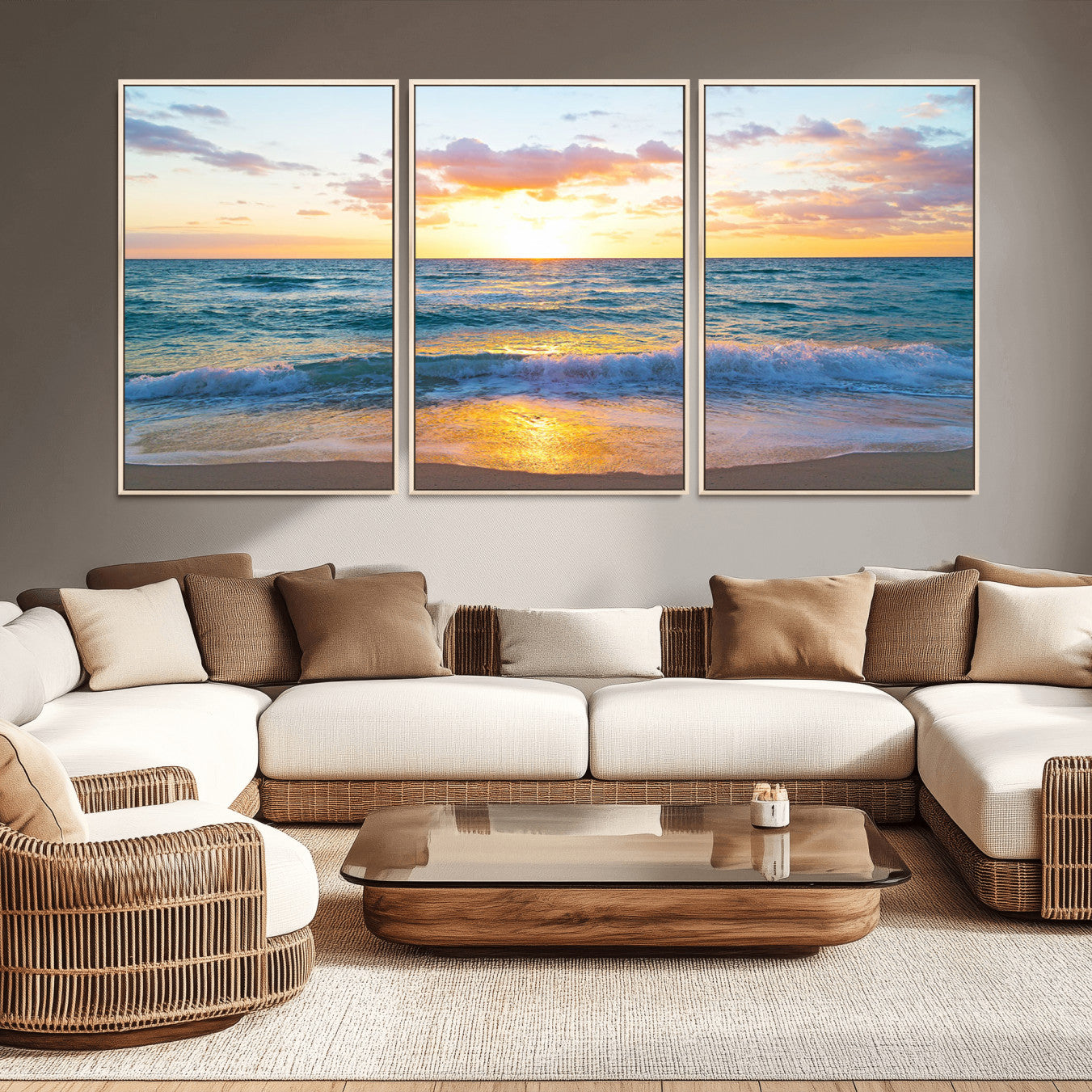 63383-MGV-CV-36X24-Golden Sunset Over Ocean Waves - Serene Coastal Triptych Wall Art for Relaxing Home Decor, Ready to