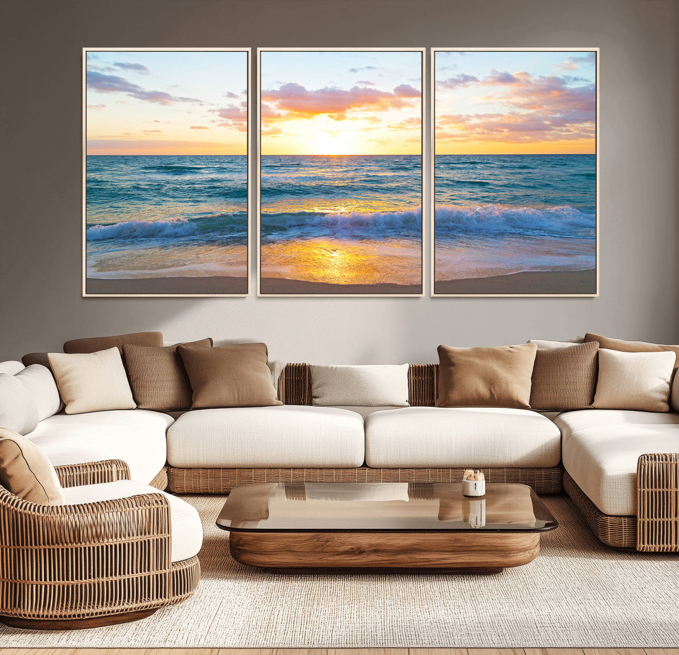 63383-MGV-CV-36X24-Golden Sunset Over Ocean Waves - Serene Coastal Triptych Wall Art for Relaxing Home Decor, Ready to