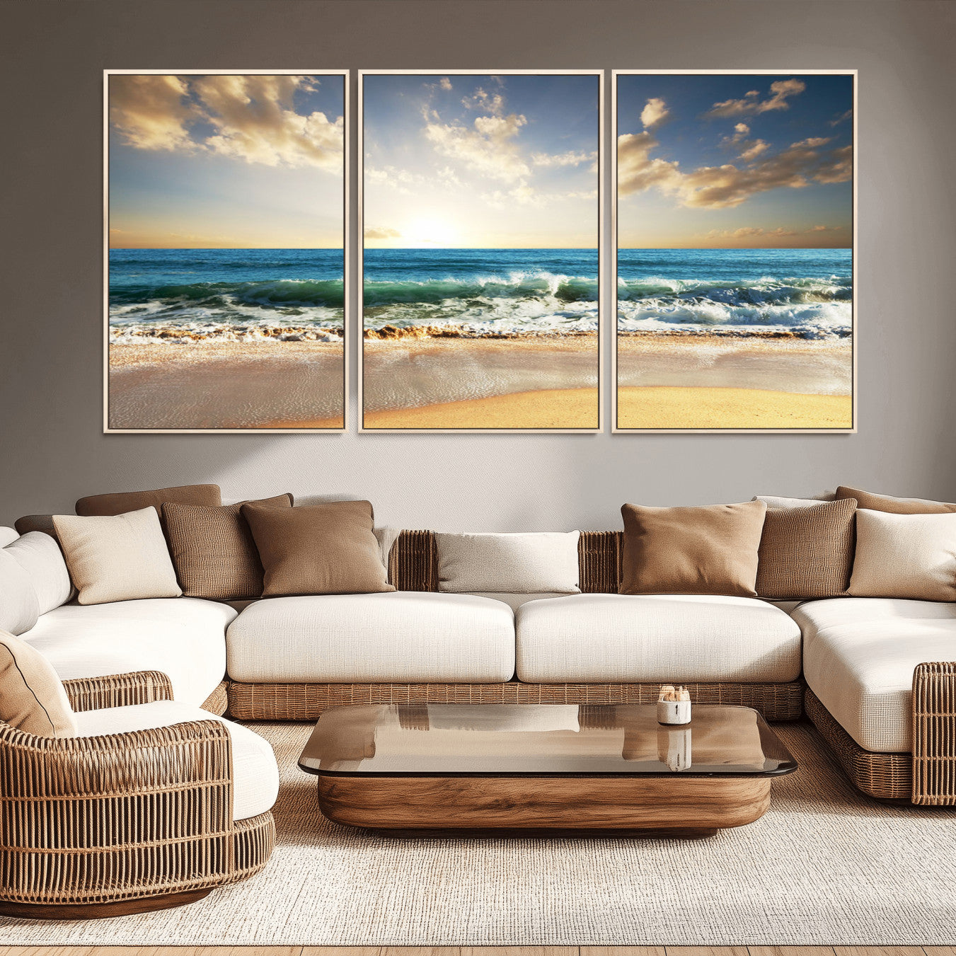 83376-MGV-CV-36X24-Golden Sunset Beach Triptych Canvas Wall Art for Living Room – 3-Panel Ocean View, Framed & Ready to