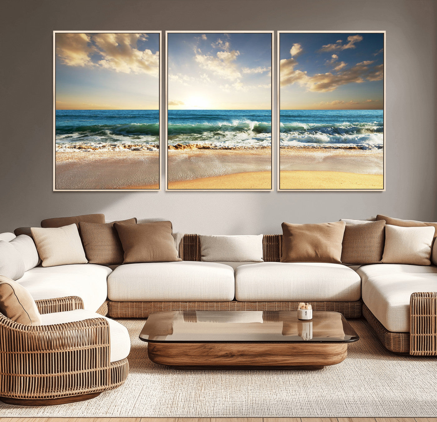 83376-MGV-CV-36X24-Golden Sunset Beach Triptych Canvas Wall Art for Living Room – 3-Panel Ocean View, Framed & Ready to