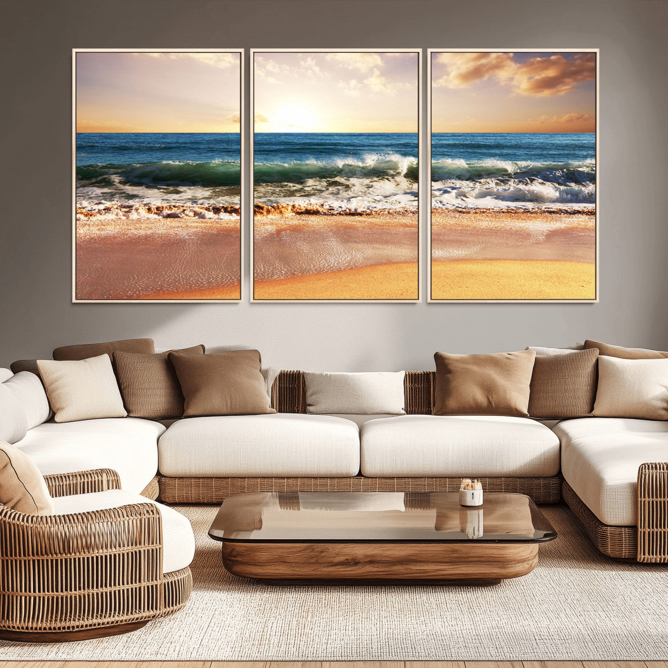 42011-MGV-CV-36X24-Sunset Beach Wall Art - 3-Panel Framed Canvas Print, Ready to Hang Ocean Sunset for Coastal and