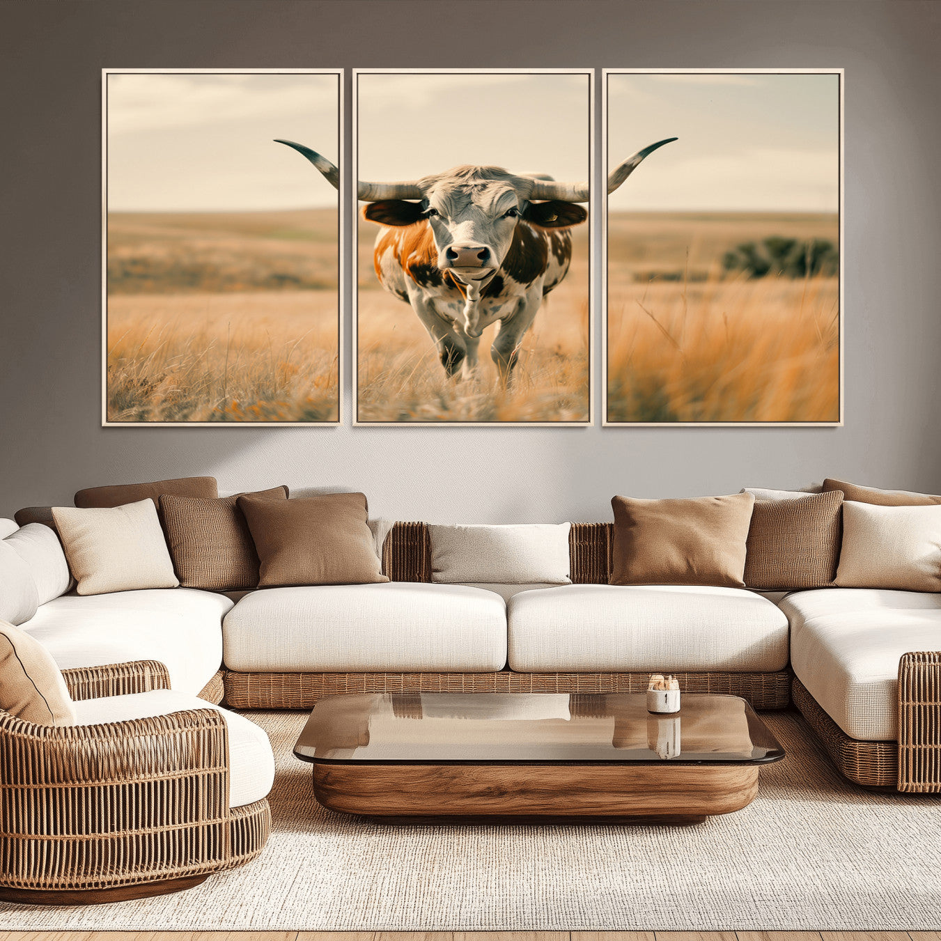 -Texas Cow Longhorn Wall Art Canvas Print for Farm House Wall Decor, Farmhouse Cow Print Canvas Wall
