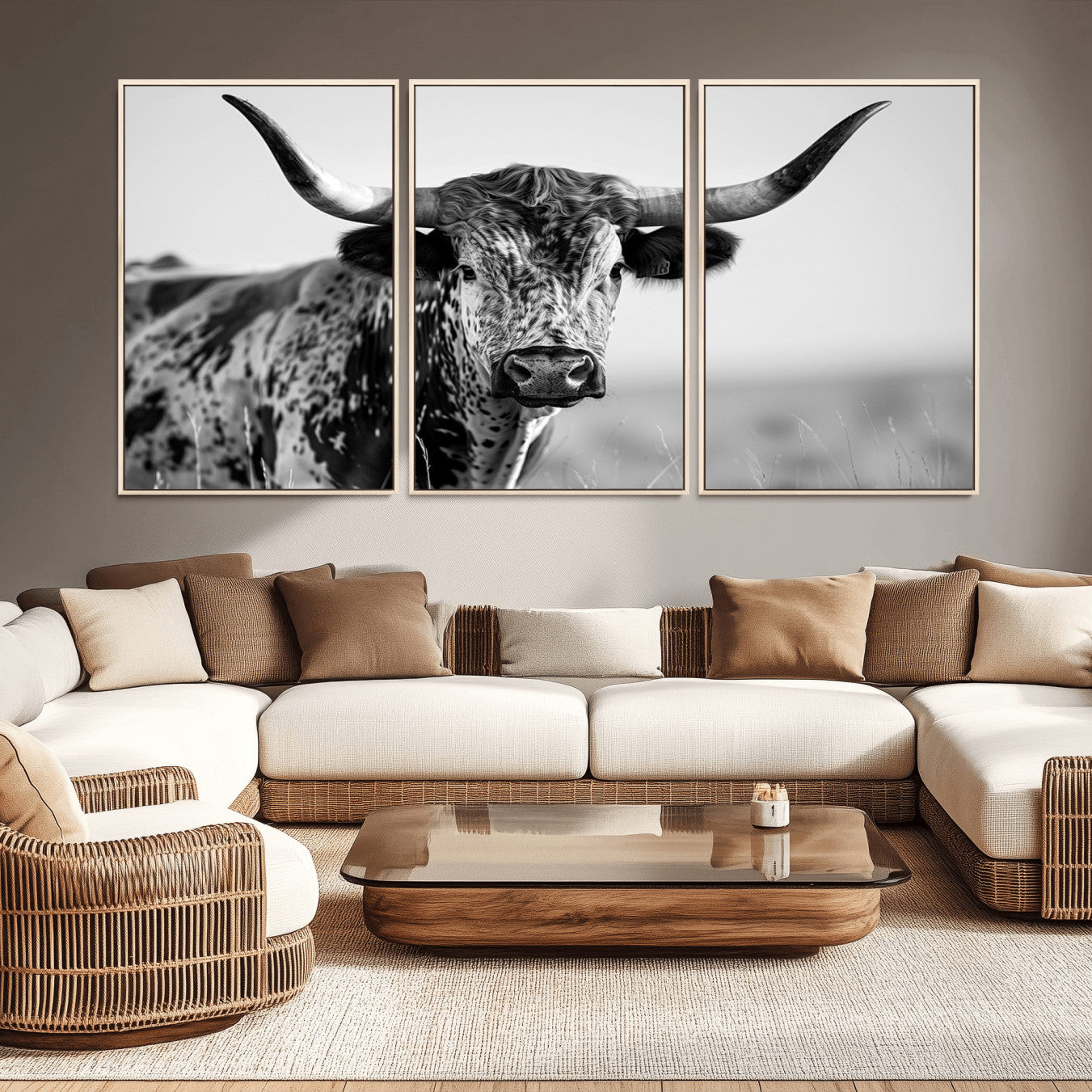 89724-MGV-CV-36X24-Texas Cow Longhorn Wall Art Canvas Print in Black and White – Framed, Ready to Hang