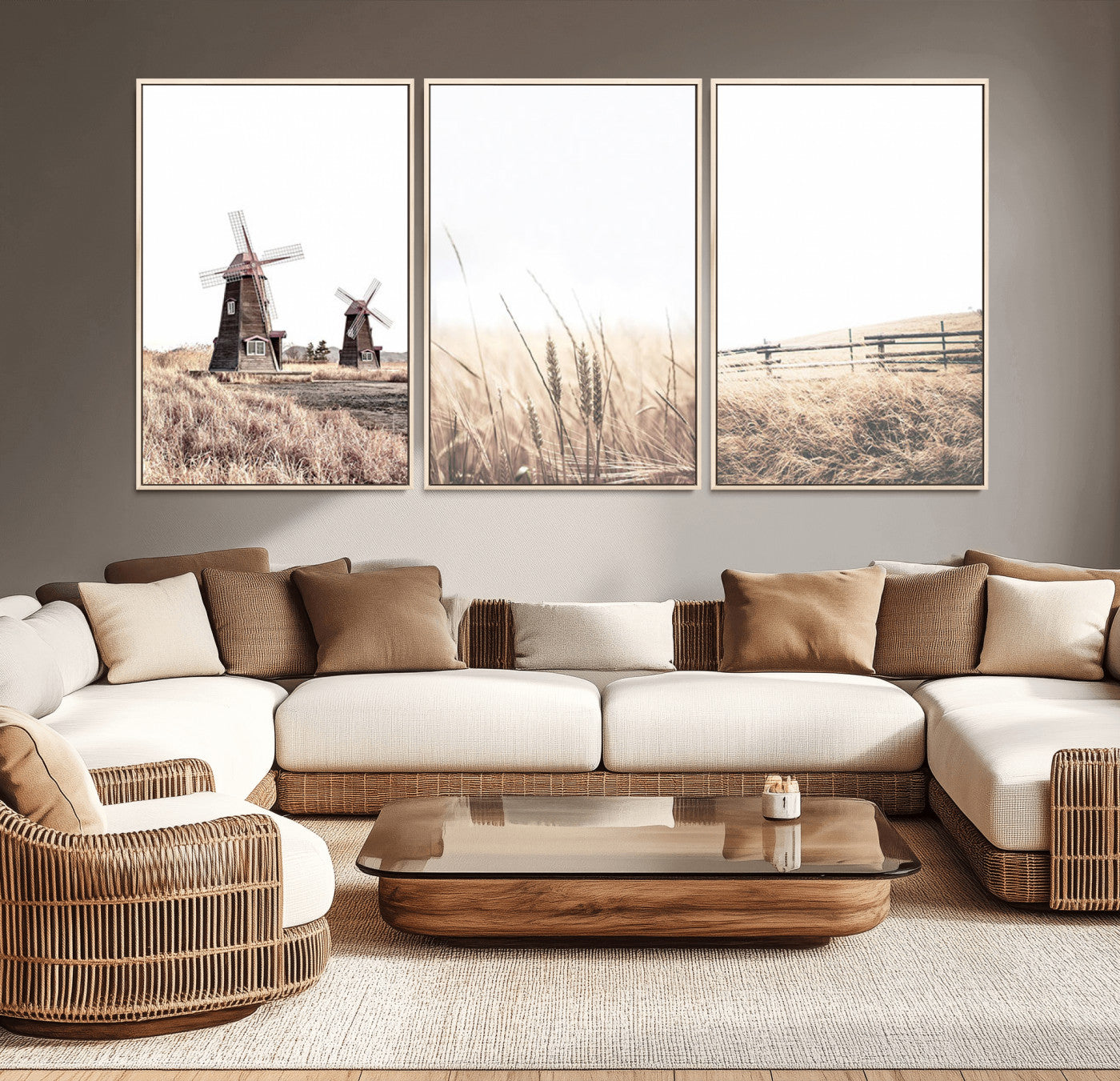 56649-MGV-FC-60X30-3P_Natural-Farm Prints Set, Set of 3 Farmhouse Wall Art, Country House Decor, Barn Print, Wheat Print,