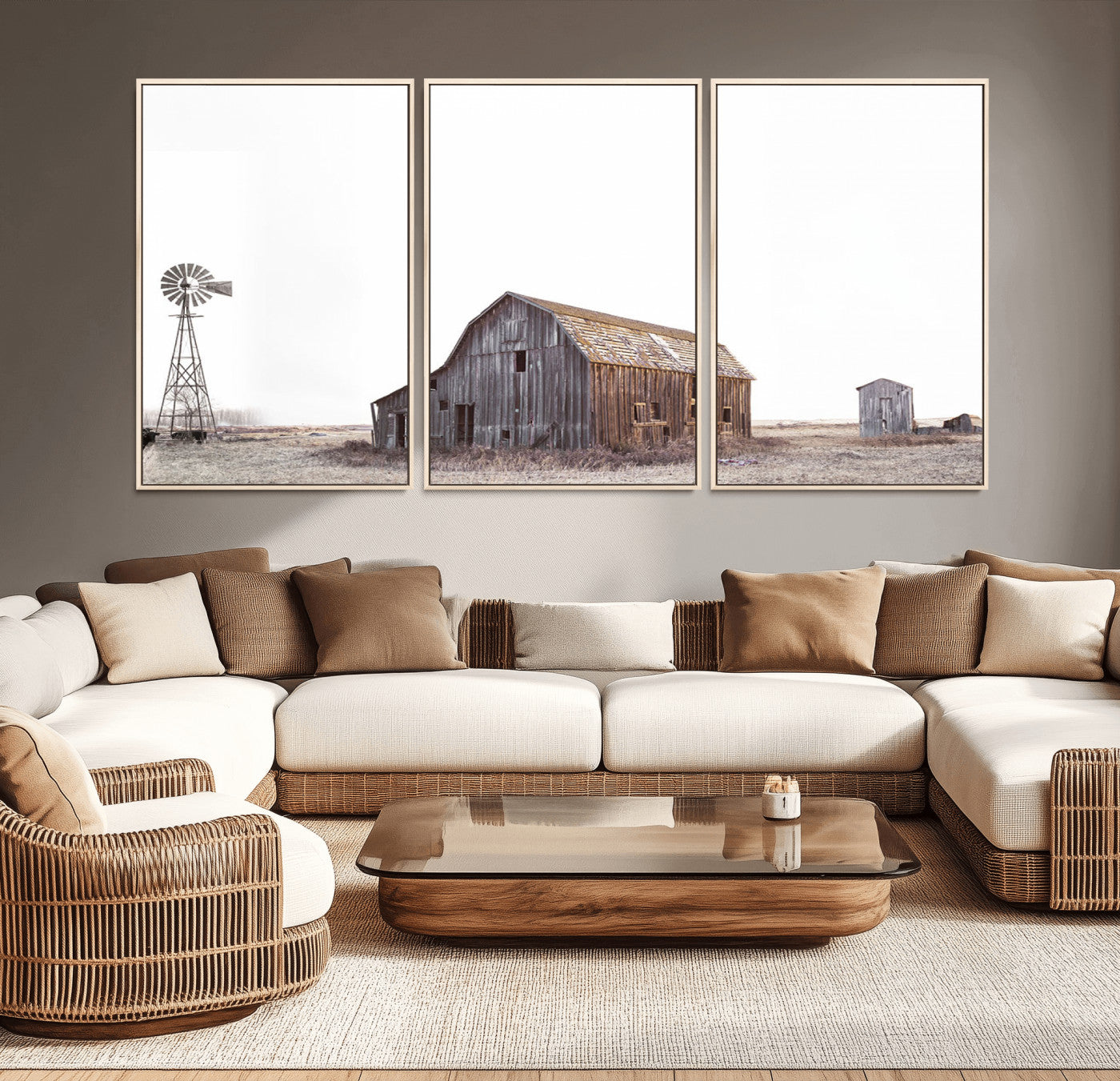 -Set of 3 Rustic Farmhouse Wall Art Prints – Country Barn, Wheat Field, and Farm Landscape for Cozy