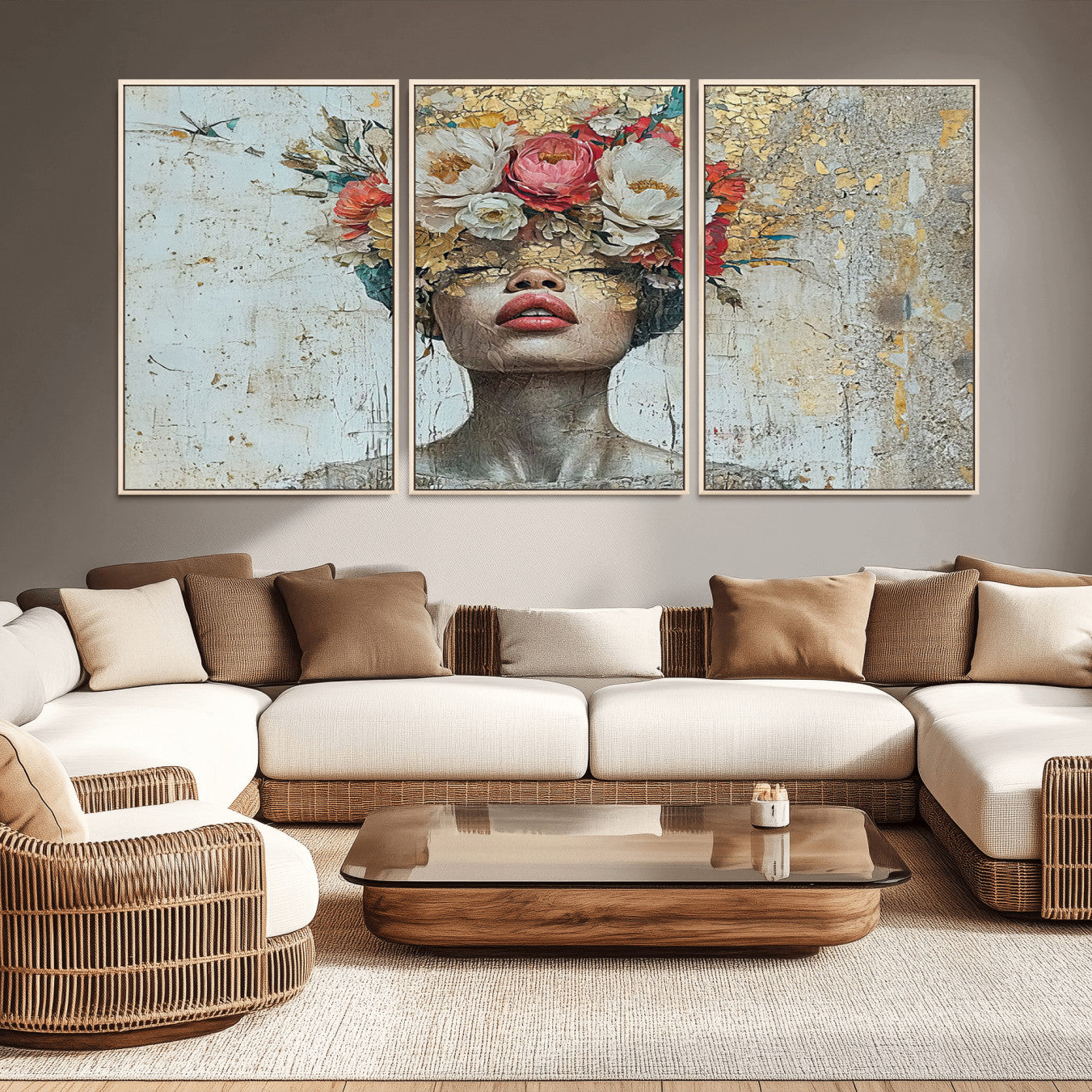 26919-MGV-FC-60X30-3P_Natural-Golden Petal Wall Art Canvas Print - Silhouette Woman Wall Art Canvas Print, Floral Woman Portrait
