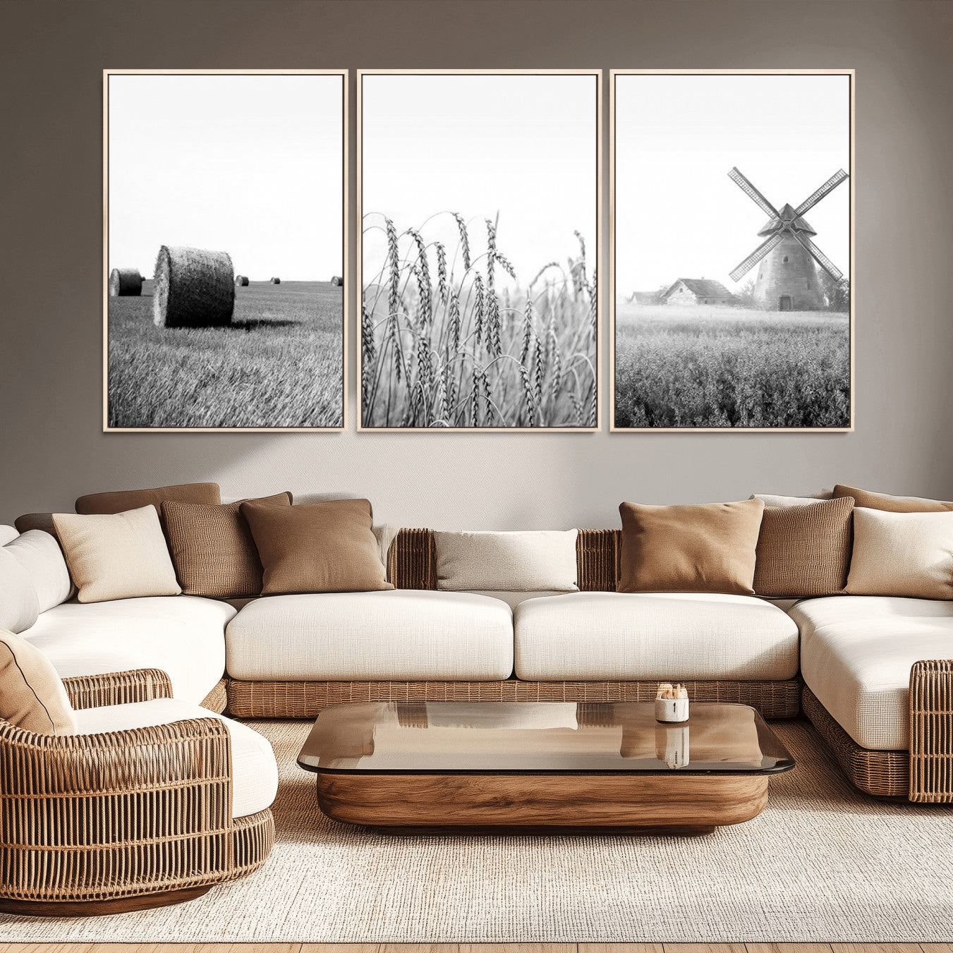 89390-MGV-CV-36X24-Vintage Farmhouse Black and White Triptych Wall Art – Giclee Canvas Featuring Wheat Fields, Hay