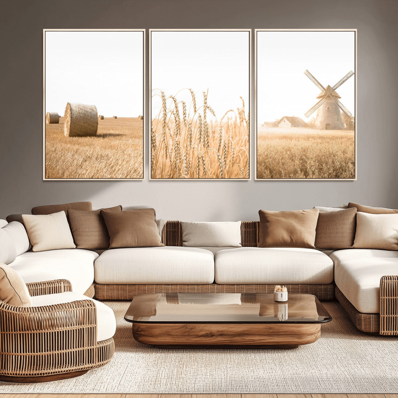88780-MGV-CV-36X24-Vintage Farmhouse Triptych Wall Art – Giclée Canvas Featuring Wheat Fields, Hay Bales, and a