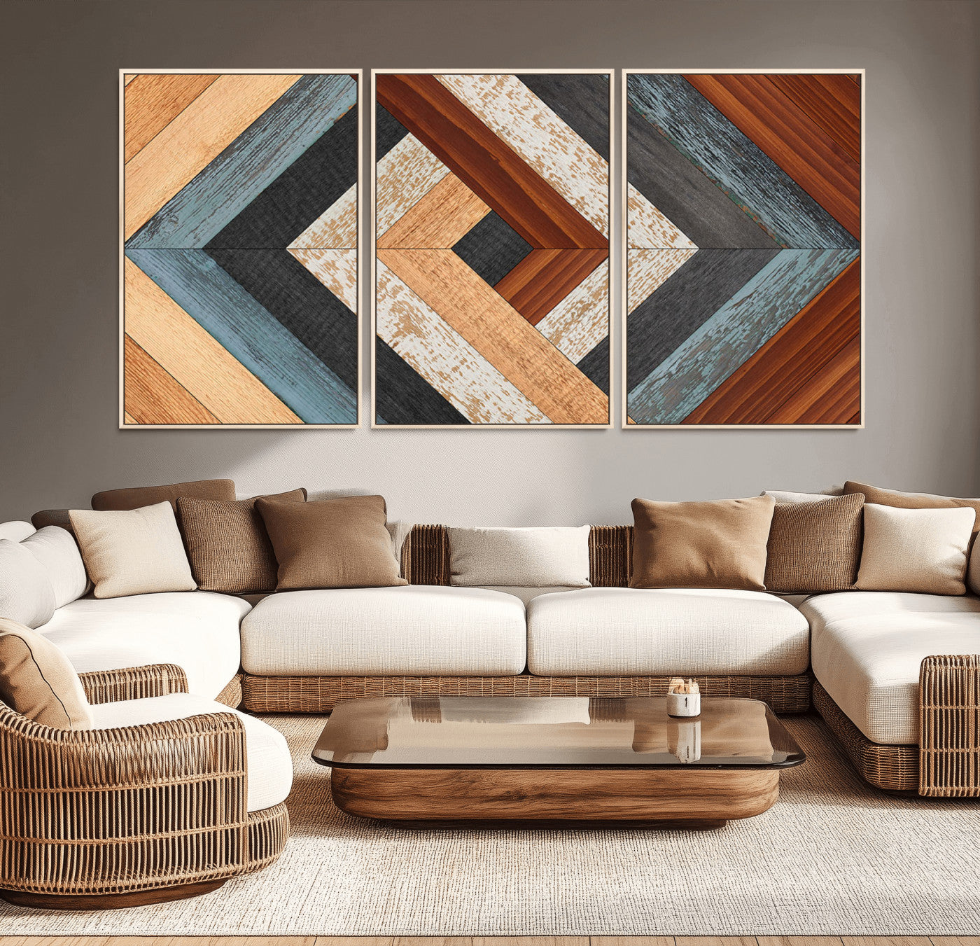 20897-MGV-CV-36X24-Geometric Wood Art Wall Decor Canvas Print, Rustic Wooden Pattern Triptych Wall Art for Living Room
