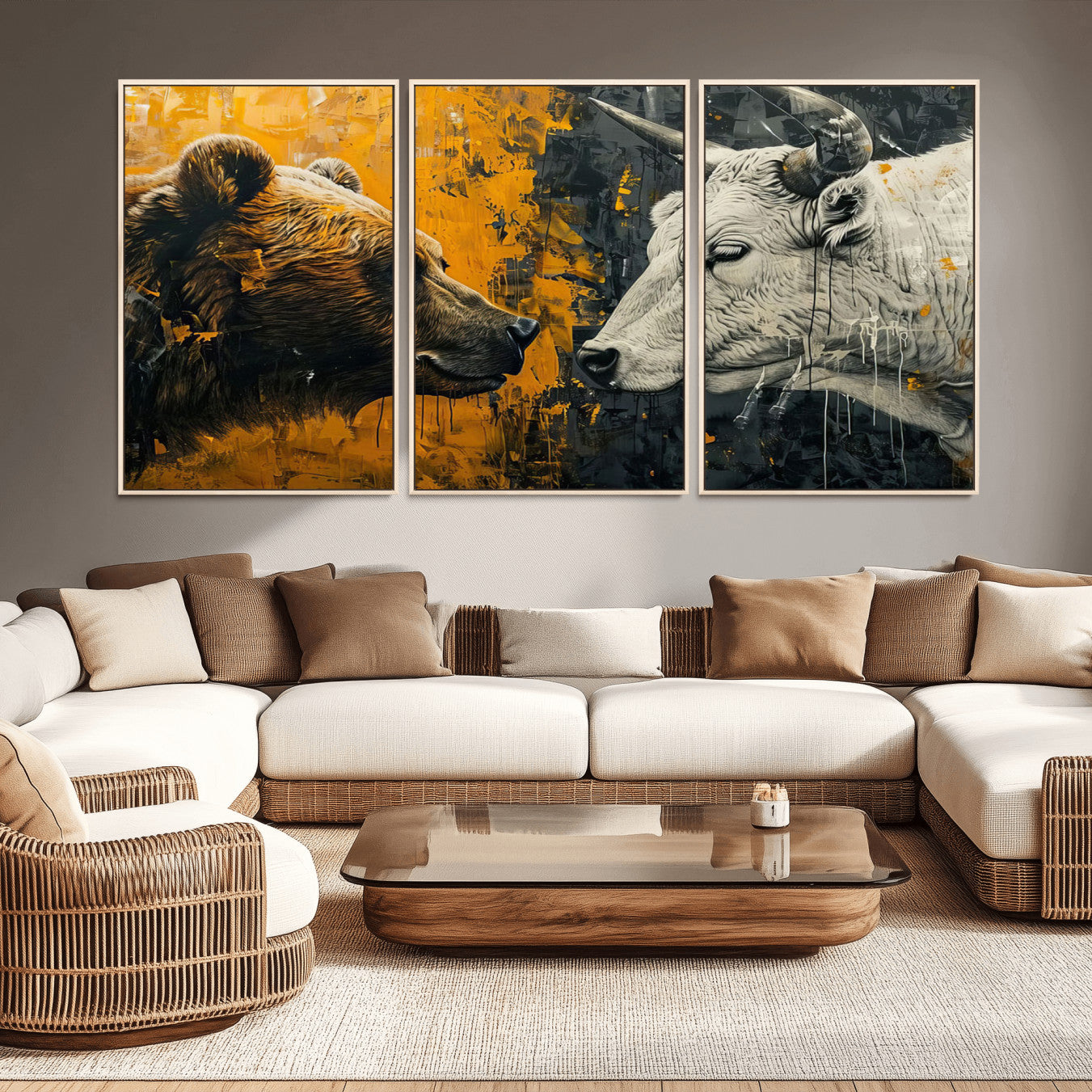 71185-MGV-CV-36X24-Bear and Bull Wall Art Canvas Print – Abstract Animal Portrait Painting for Modern Home Decor –