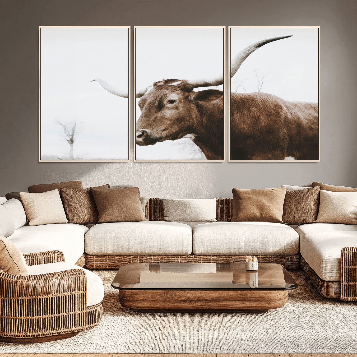 -Rustic Bull Wall Art Canvas Print – Modern Longhorn Farmhouse Animal Decor – Abstract Farm Cow