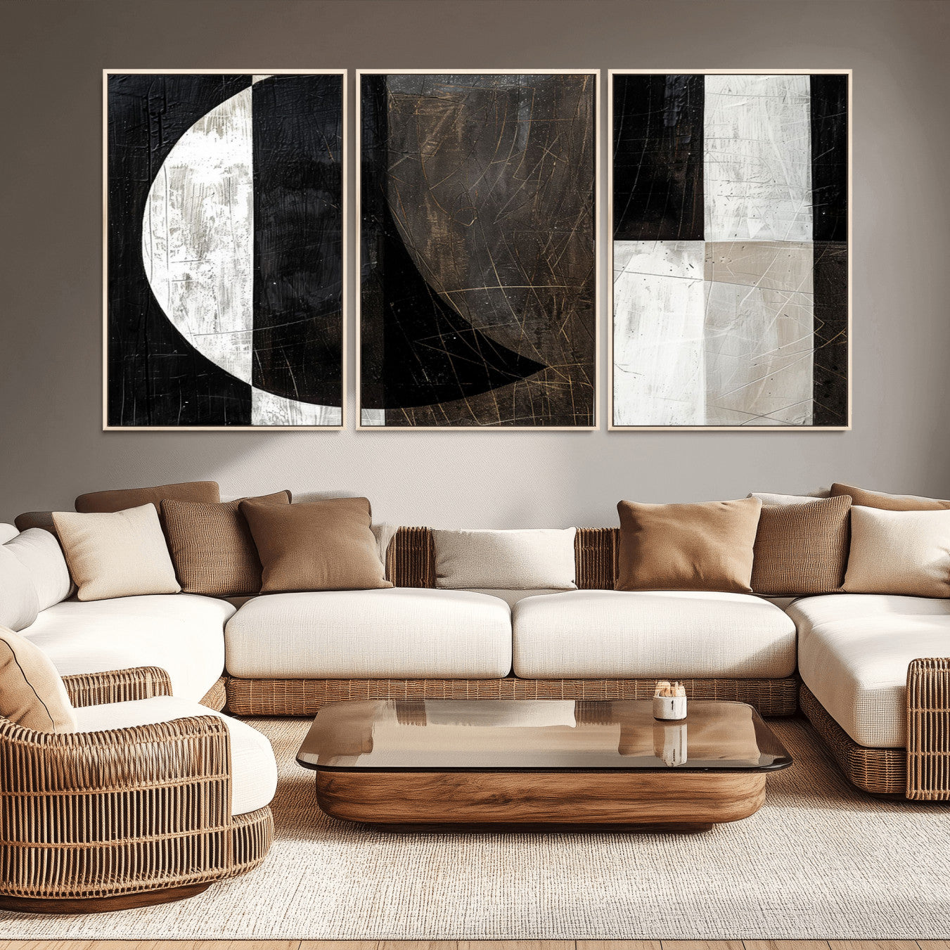 47880-MGV-FC-60X30-3P - Abstract Modern Wabi Sabi Wall Art Canvas Print Set – Minimalist Mid-Century Contemporary Artwork for Home, Office