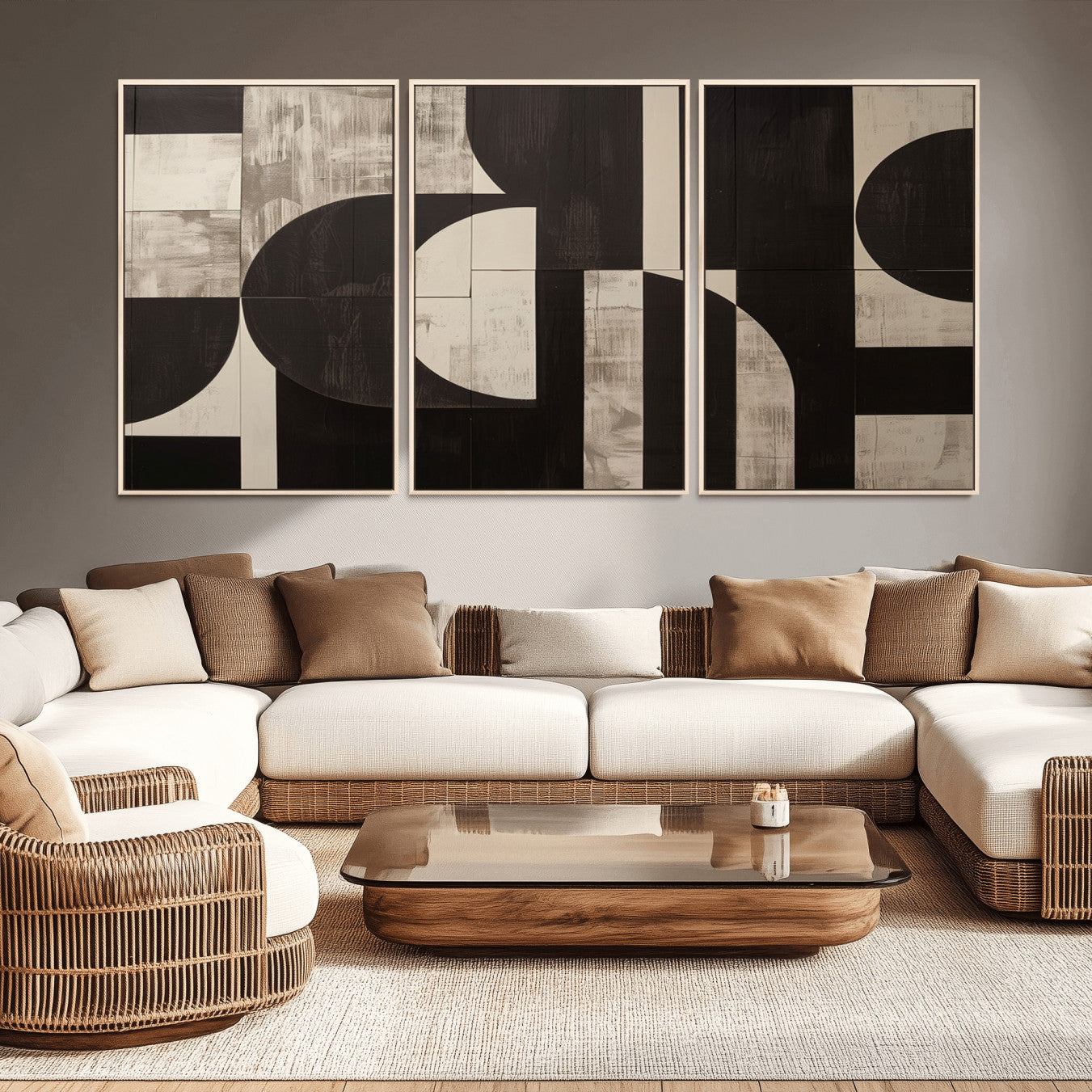 63644-MGV-FC-60X30-3P - Abstract Brown Wabi Sabi Canvas Print Set – Minimalist Mid-Century Wall Art Contemporary Artwork for Home, Office
