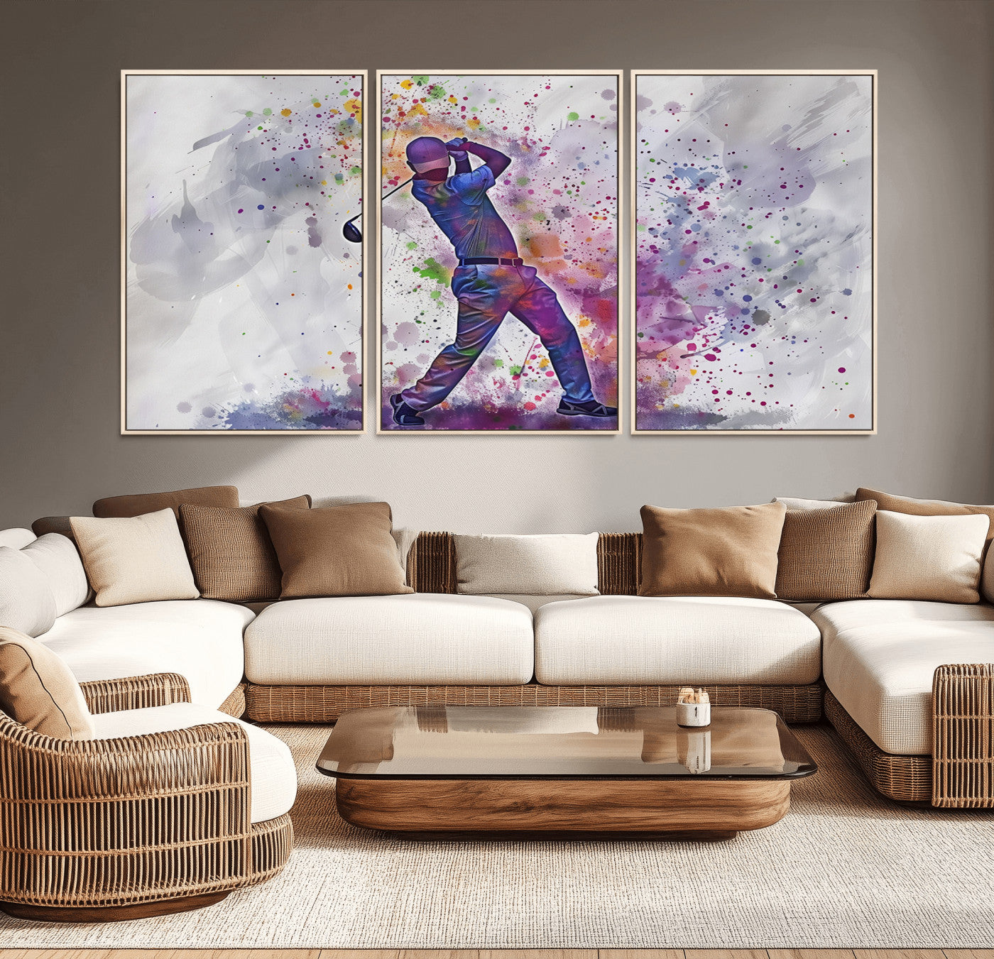 60116-MGV-CV-36X24-Watercolor Golf Swing Wall Art Canvas Print | Vibrant Abstract Golf Player Silhouette |