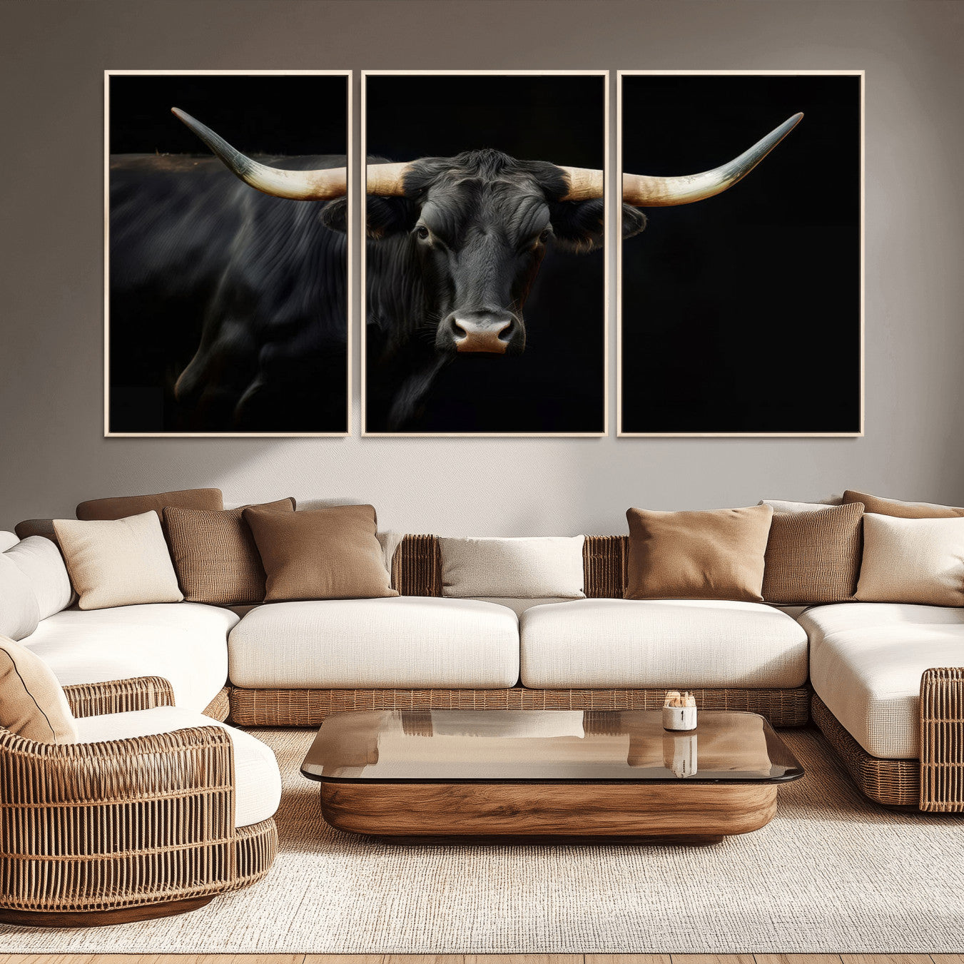 63798-MGV-CV-36X24-Black Bull Wall Art – Majestic Longhorn Canvas Print with Dark Background, Rustic Western Farmhouse Decor for Living Room or Office
