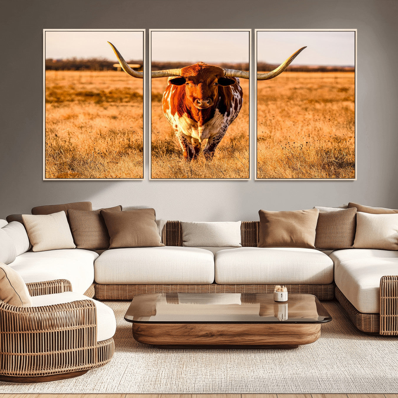 -Longhorn Cow Wall Art | Ready to Hang Framed Canvas Print for Farmhouse and Barn Decor