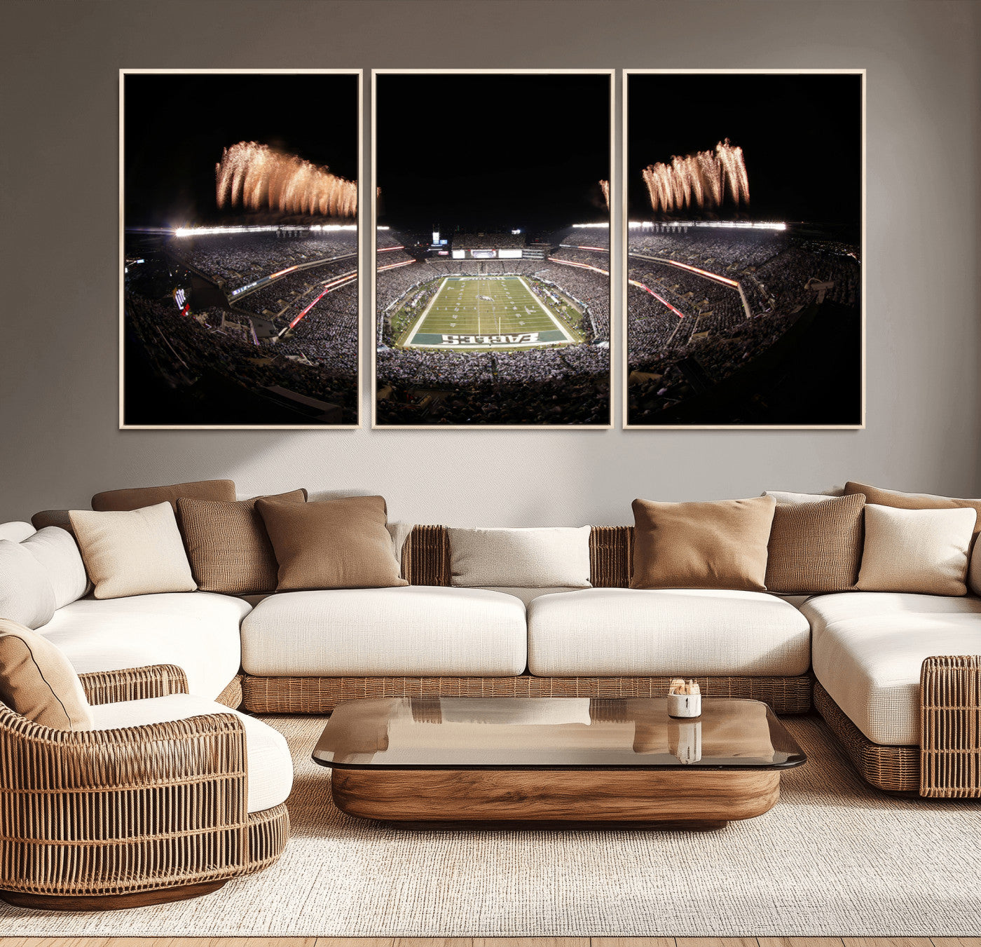 48893-MGV-CV-36X24-Eagles Field Stadium Wall Art - Lincoln Financial Field Fireworks Game Triple Canvas Wall Art -