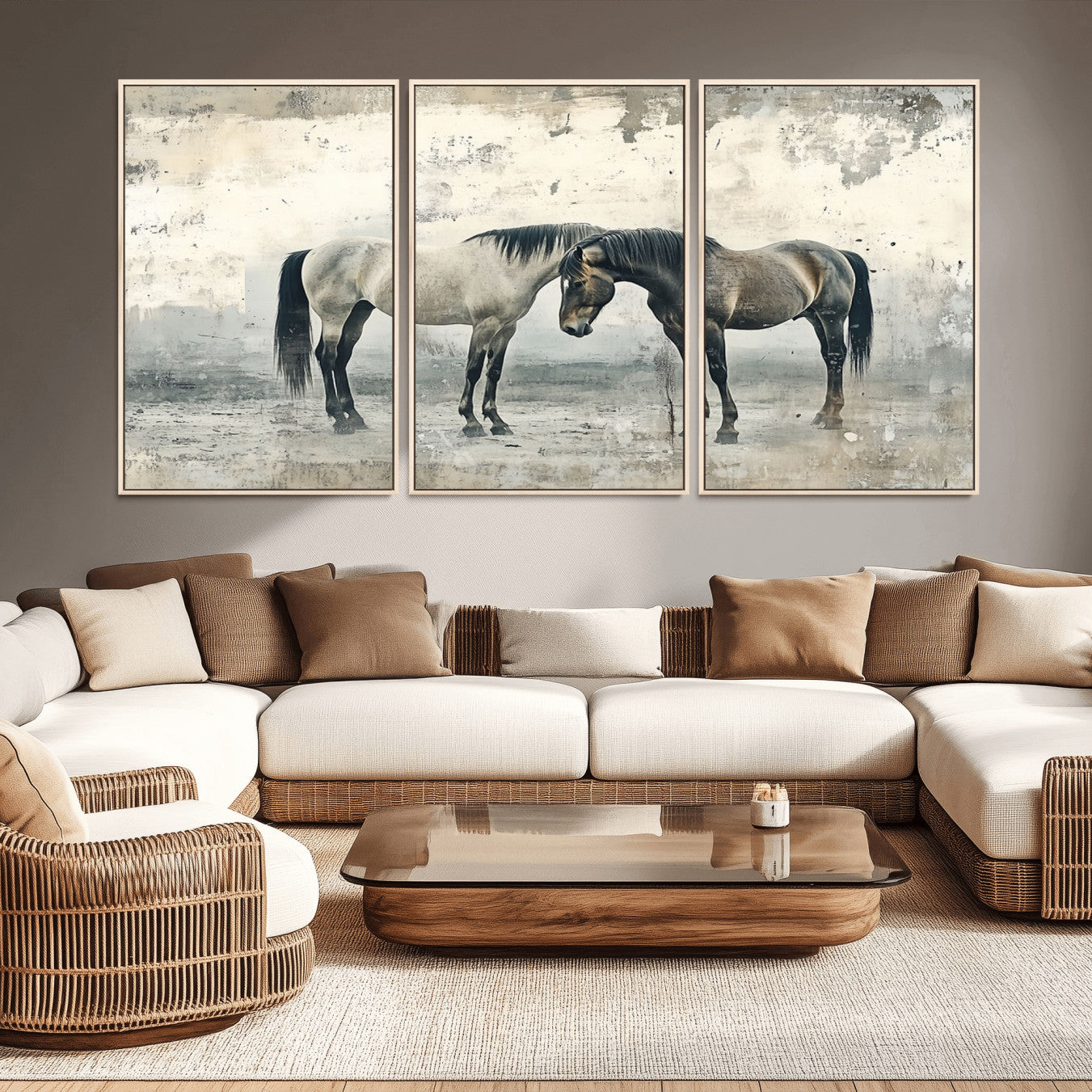 -Chines Style Majestic Horses Wall Art | Ready to Hang and Framed Triptych Print | Western Farmhouse