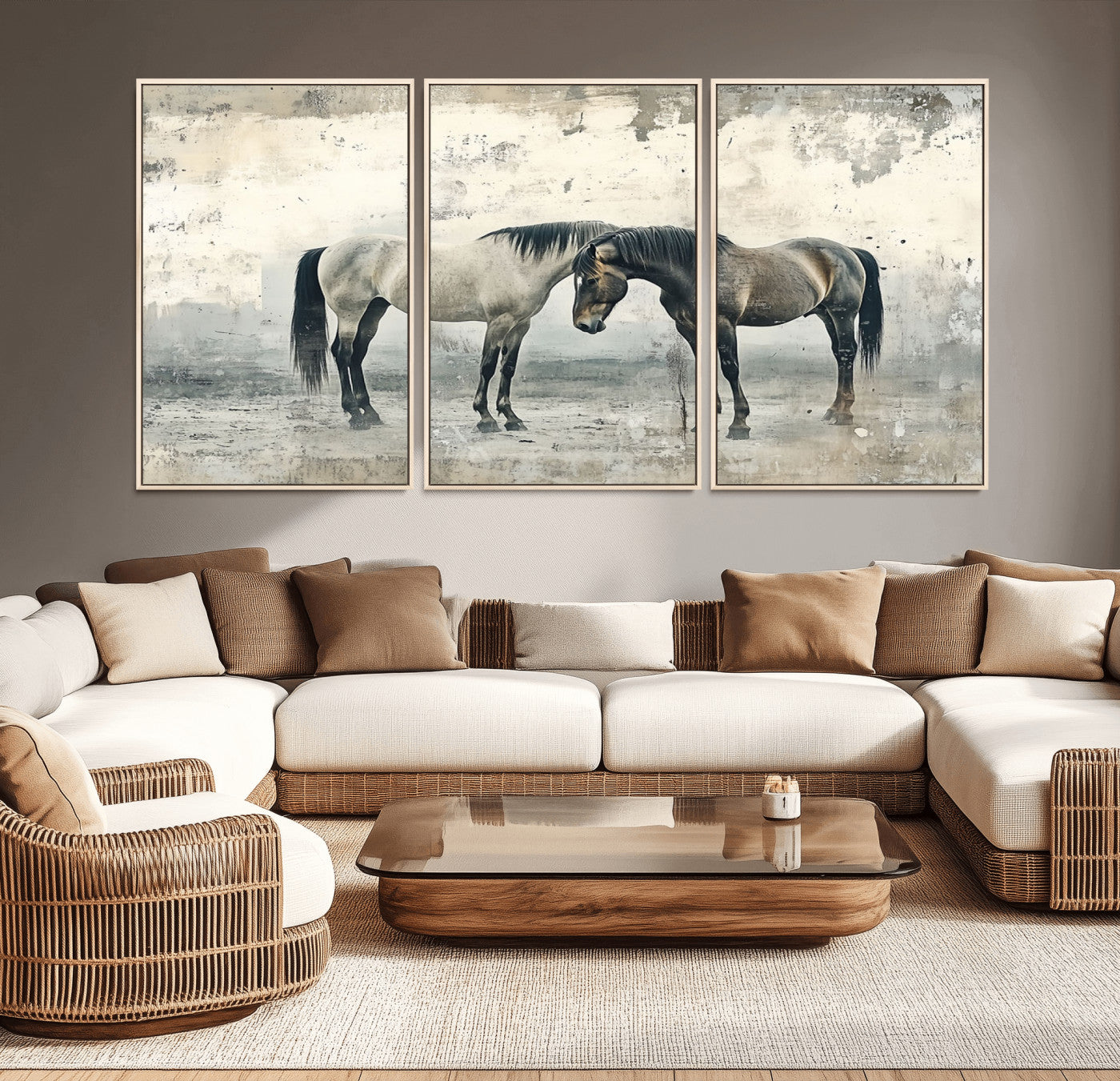 -Chines Style Majestic Horses Wall Art | Ready to Hang and Framed Triptych Print | Western Farmhouse