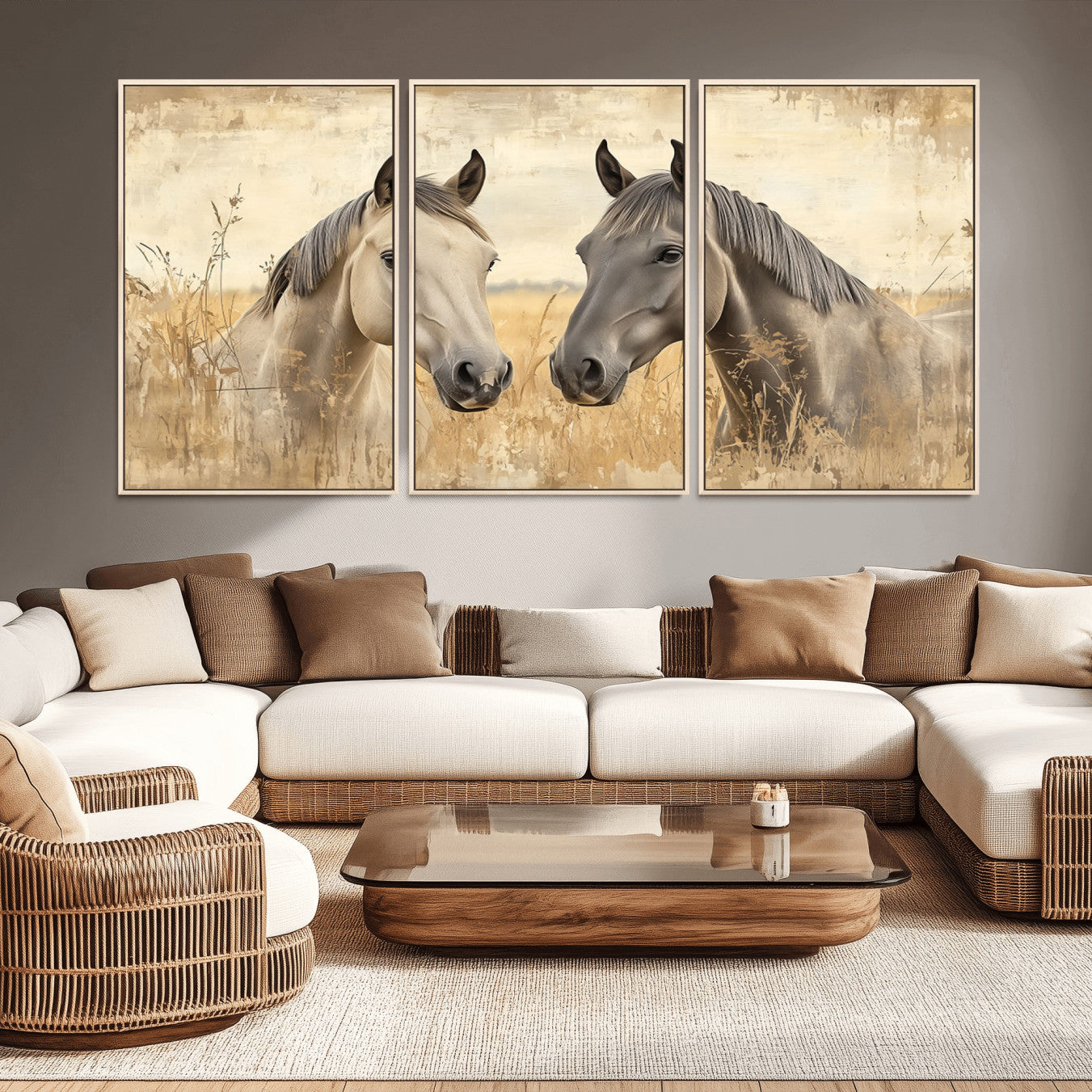 -Chines Ink Style Grunge Horses Wall Art Canvas Print