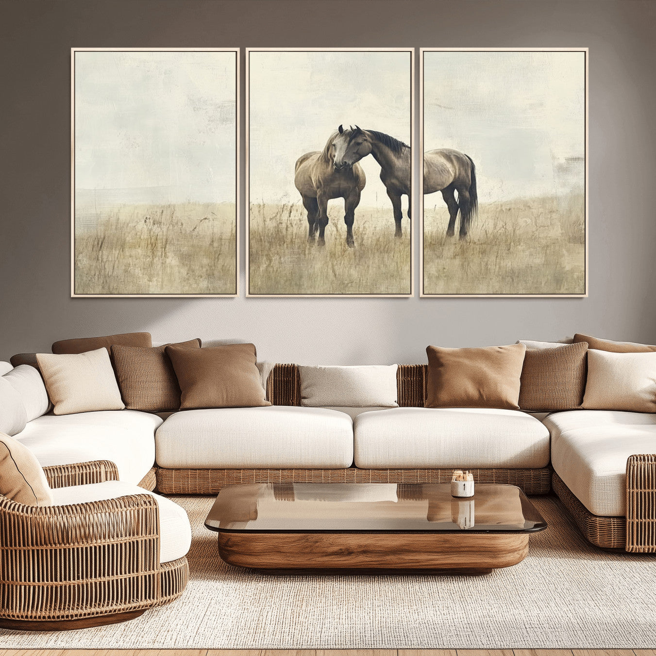-Chines Style Grunge Horses Wall Art Canvas Print