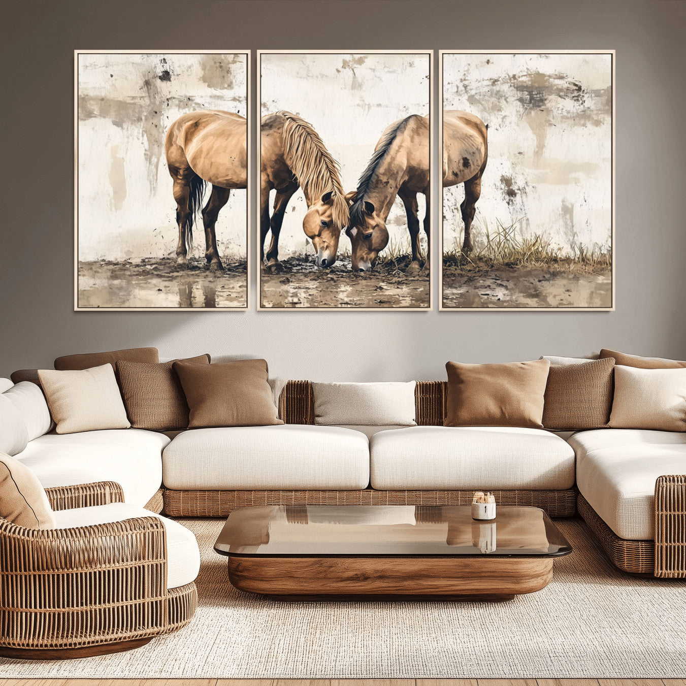 -Vintage Horses Wall Art | Ready to Hang and Framed Triptych | Western Farmhouse Wall Decor for