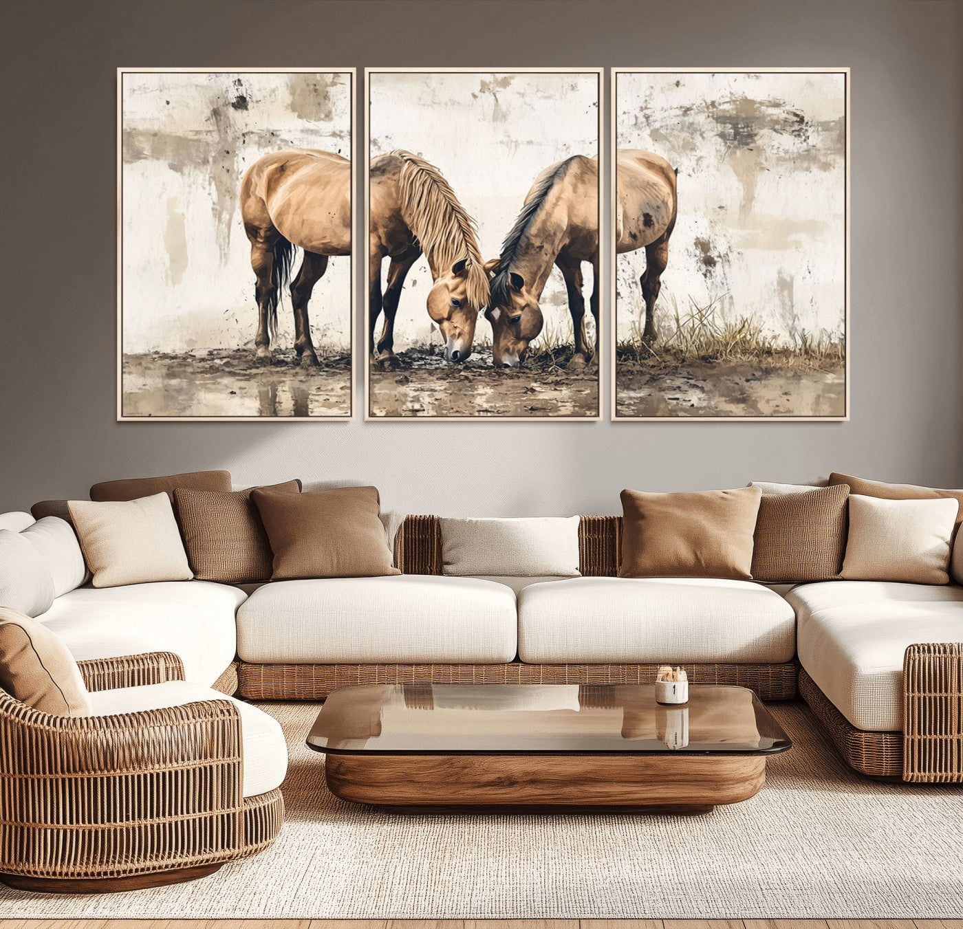 44742-MGV-CV-36X24-Vintage Horses Wall Art | Ready to Hang and Framed Triptych | Western Farmhouse Wall Decor for