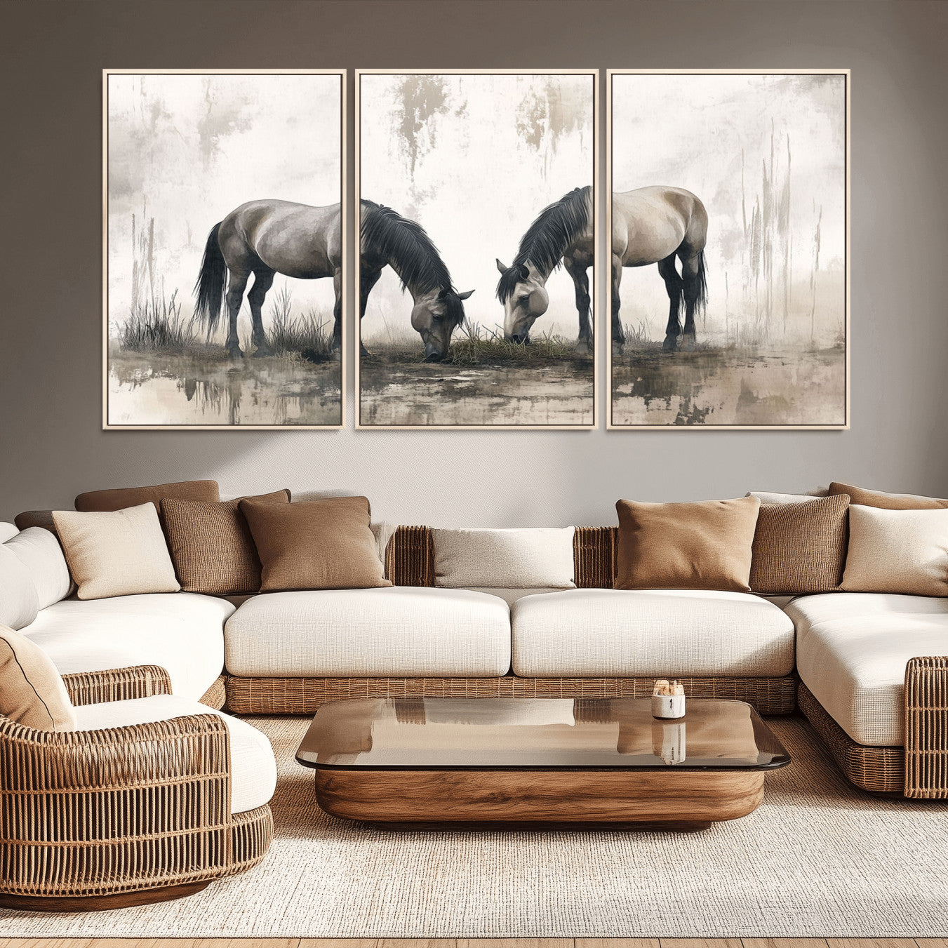 -Chines Ink Style Vintage Horses Wall Art Canvas Print for Farmhouse Wall Decor